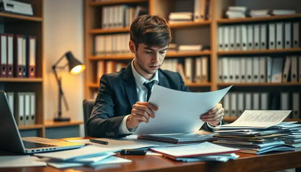 A professional, sleek office environment, showcasing a focused individual in business attire, diligently gathering and organizing documents. In the foreground, a wooden desk cluttered with various papers, a laptop, and a notepad filled with handwritten notes. The middle features the individual, a young adult with short brown hair, intently analyzing a document under soft, warm lighting emanating from a stylish desk lamp. The background includes a blurred view of a bookshelf filled with neatly arranged folders and books, creating an atmosphere of productivity and efficiency. The mood is calm and concentrated, highlighting the importance of effective documentation in a professional setting. A professional, sleek office environment, showcasing a focused individual in business attire, diligently gathering and organizing documents. In the foreground, a wooden desk cluttered with various papers, a laptop, and a notepad filled with handwritten notes. The middle features the individual, a young adult with short brown hair, intently analyzing a document under soft, warm lighting emanating from a stylish desk lamp. The background includes a blurred view of a bookshelf filled with neatly arranged folders and books, creating an atmosphere of productivity and efficiency. The mood is calm and concentrated, highlighting the importance of effective documentation in a professional setting.