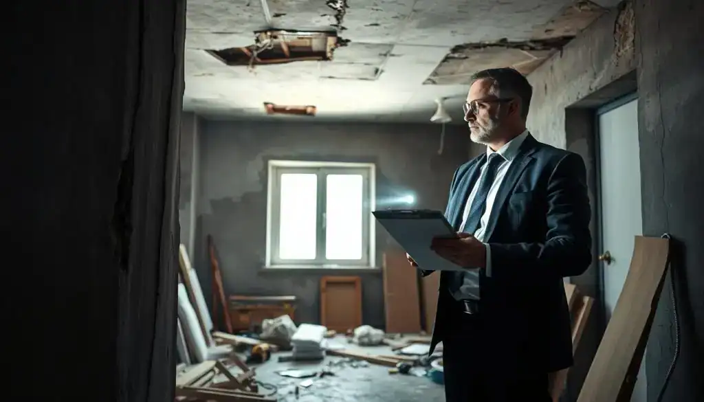 A professional structural damage assessment scene inside a partially illuminated building. In the foreground, a qualified inspector, dressed in a smart business attire, examines a cracked wall with a clipboard in hand and a flashlight illuminating specific details. In the middle ground, a damaged ceiling reveals hidden water stains, suggesting prior leaks, while construction materials and repair tools are scattered around. In the background, a window allows soft, natural light to filter in, enhancing the somber yet focused atmosphere. The room is cluttered but organized, reflecting an environment of thorough evaluation and serious attention. The lighting creates deep contrasts, emphasizing the gravity of the hidden damage that requires expert documentation. A professional structural damage assessment scene inside a partially illuminated building. In the foreground, a qualified inspector, dressed in a smart business attire, examines a cracked wall with a clipboard in hand and a flashlight illuminating specific details. In the middle ground, a damaged ceiling reveals hidden water stains, suggesting prior leaks, while construction materials and repair tools are scattered around. In the background, a window allows soft, natural light to filter in, enhancing the somber yet focused atmosphere. The room is cluttered but organized, reflecting an environment of thorough evaluation and serious attention. The lighting creates deep contrasts, emphasizing the gravity of the hidden damage that requires expert documentation.