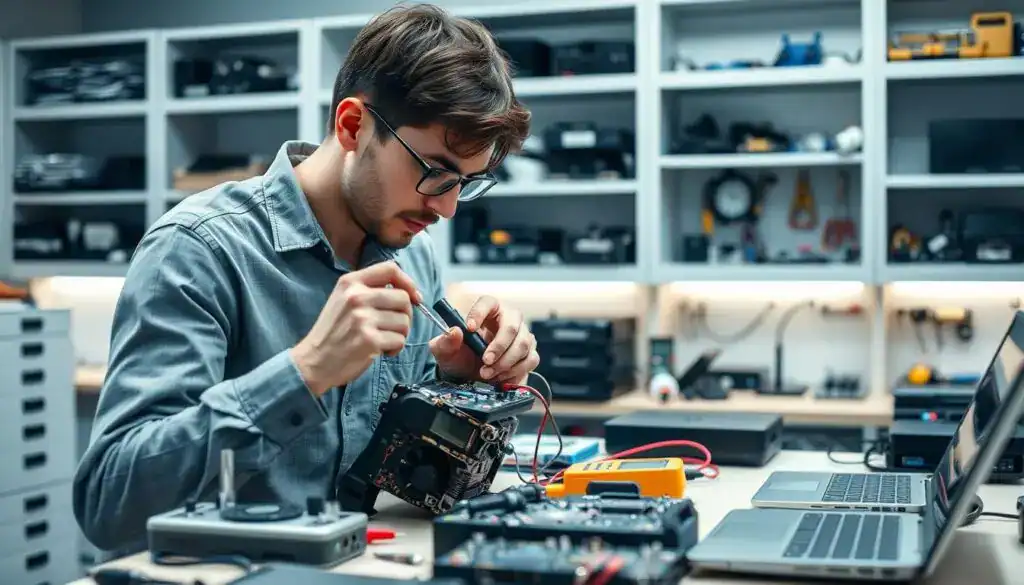 A professional technician repairing electronic equipment in a well-equipped workshop. In the foreground, the technician, dressed in smart casual clothing, is focused on fixing a complex device using precision tools like a screwdriver and multimeter. In the middle ground, various pieces of equipment such as laptops and circuit boards are neatly organized on a clutter-free workbench, highlighting the standards of electronic repair. The background features shelves filled with spare parts and tools, with soft, ambient lighting that creates a focused atmosphere. The image captures a sense of professionalism and technical expertise, with a slight depth of field to emphasize the action in the foreground, while maintaining a clear view of the organized workspace. A professional technician repairing electronic equipment in a well-equipped workshop. In the foreground, the technician, dressed in smart casual clothing, is focused on fixing a complex device using precision tools like a screwdriver and multimeter. In the middle ground, various pieces of equipment such as laptops and circuit boards are neatly organized on a clutter-free workbench, highlighting the standards of electronic repair. The background features shelves filled with spare parts and tools, with soft, ambient lighting that creates a focused atmosphere. The image captures a sense of professionalism and technical expertise, with a slight depth of field to emphasize the action in the foreground, while maintaining a clear view of the organized workspace.