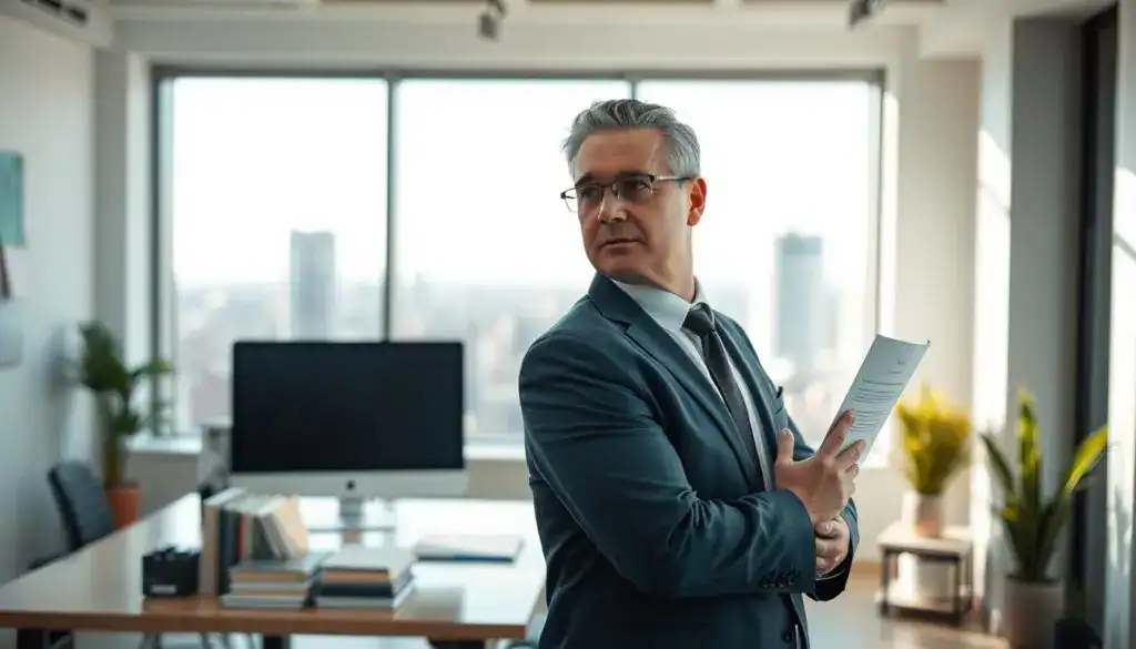 A professional traffic accident lawyer standing confidently in a modern office environment. In the foreground, the lawyer is a middle-aged man in formal business attire, holding a legal document and looking thoughtfully at the camera. His expression reflects determination and professionalism. In the middle ground, a well-organized desk displays legal books and a computer. The background exhibits a large window with a cityscape view, bathed in soft, natural light that enhances the atmosphere of focus and seriousness. The color palette is neutral with hints of blue, creating a calm yet authoritative mood. The image should be captured from a slightly low angle to emphasize the lawyer's stature and convey trustworthiness.