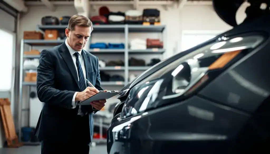 A professional vehicle damage assessor, wearing a smart business suit, inspecting a damaged car in a well-lit automotive workshop. In the foreground, focus on the assessor closely examining the vehicle's front bumper, jotting notes on a clipboard. In the middle, showcase the vehicle with visible dents and scratches, providing a clear representation of the damage. The background features shelves stocked with auto parts and tools, creating a technical atmosphere. Soft, natural lighting filters through a window, illuminating the scene and casting gentle shadows. The overall mood is serious and analytical, emphasizing the importance of professional assessments in determining repair costs. A professional vehicle damage assessor, wearing a smart business suit, inspecting a damaged car in a well-lit automotive workshop. In the foreground, focus on the assessor closely examining the vehicle's front bumper, jotting notes on a clipboard. In the middle, showcase the vehicle with visible dents and scratches, providing a clear representation of the damage. The background features shelves stocked with auto parts and tools, creating a technical atmosphere. Soft, natural lighting filters through a window, illuminating the scene and casting gentle shadows. The overall mood is serious and analytical, emphasizing the importance of professional assessments in determining repair costs.