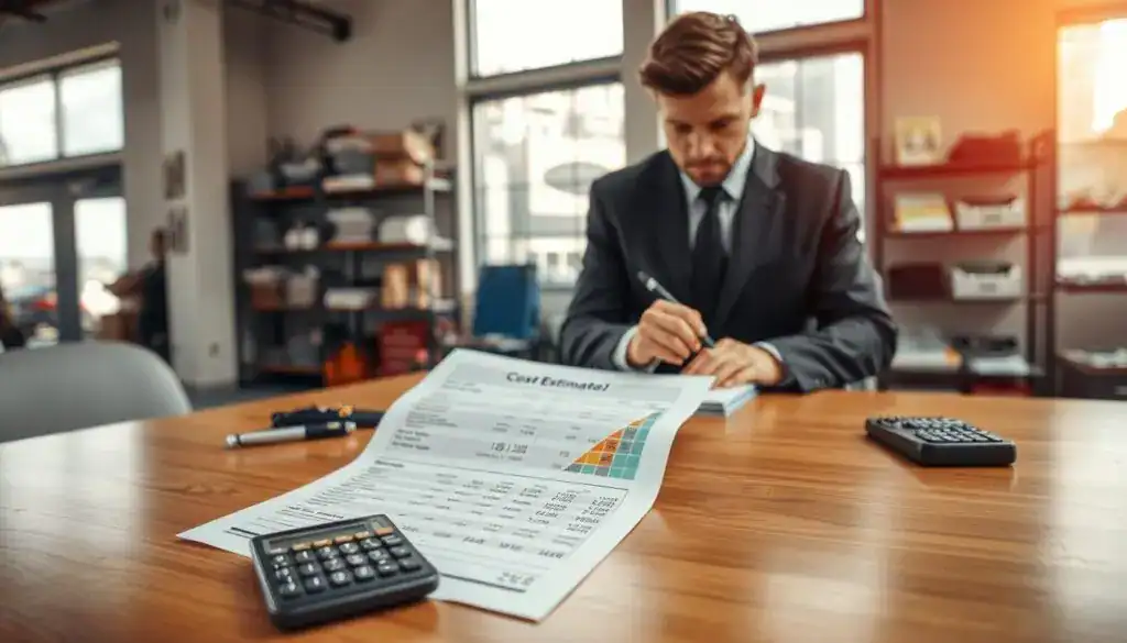 A professional vehicle repair cost estimate scene unfolds in a well-lit office environment. In the foreground, a detailed cost analysis document lies open on a sleek wooden desk, showcasing various costs for parts and labor, with a focus on vehicle repair specifics. A calculator and a few automotive tools are neatly arranged beside it. In the middle ground, a focused technician in smart business attire reviews the document, highlighting sections with a pen. In the background, large windows let in natural light, casting a warm glow, and there are shelves filled with automotive manuals and tools, adding to the professional atmosphere. The mood is serious yet constructive, emphasizing careful budgeting and analysis. The overall composition captures the essence of meticulous planning in vehicle repair costs, with no text or distractions. A professional vehicle repair cost estimate scene unfolds in a well-lit office environment. In the foreground, a detailed cost analysis document lies open on a sleek wooden desk, showcasing various costs for parts and labor, with a focus on vehicle repair specifics. A calculator and a few automotive tools are neatly arranged beside it. In the middle ground, a focused technician in smart business attire reviews the document, highlighting sections with a pen. In the background, large windows let in natural light, casting a warm glow, and there are shelves filled with automotive manuals and tools, adding to the professional atmosphere. The mood is serious yet constructive, emphasizing careful budgeting and analysis. The overall composition captures the essence of meticulous planning in vehicle repair costs, with no text or distractions.