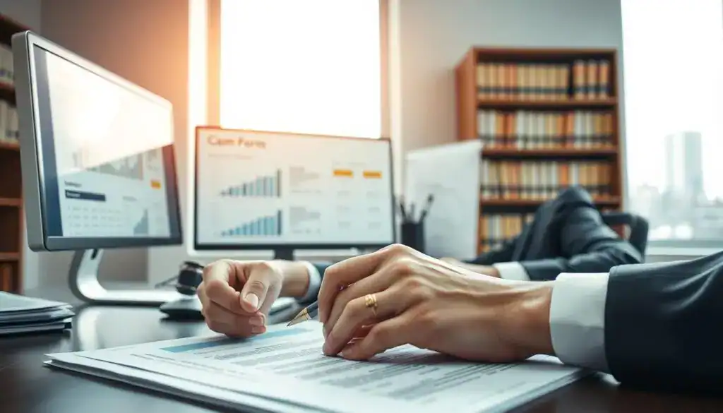 A professional, well-lit office environment focused on the process of seeking compensation, featuring a business professional in formal attire sitting at a desk, reviewing documents. In the foreground, close-up of hands holding a pen, poised over a claim form. In the middle, a computer screen displays relevant charts and data about damages, while an open file with highlighted sections is visible. The background includes a bookshelf filled with legal books and a window showing a cityscape, allowing natural light to pour in, creating an optimistic atmosphere. The overall mood is serious yet hopeful, emphasizing clarity and diligence in the compensation process. Use a soft focus to draw attention to the desk area, capturing a sense of meticulousness and professionalism. A professional, well-lit office environment focused on the process of seeking compensation, featuring a business professional in formal attire sitting at a desk, reviewing documents. In the foreground, close-up of hands holding a pen, poised over a claim form. In the middle, a computer screen displays relevant charts and data about damages, while an open file with highlighted sections is visible. The background includes a bookshelf filled with legal books and a window showing a cityscape, allowing natural light to pour in, creating an optimistic atmosphere. The overall mood is serious yet hopeful, emphasizing clarity and diligence in the compensation process. Use a soft focus to draw attention to the desk area, capturing a sense of meticulousness and professionalism.