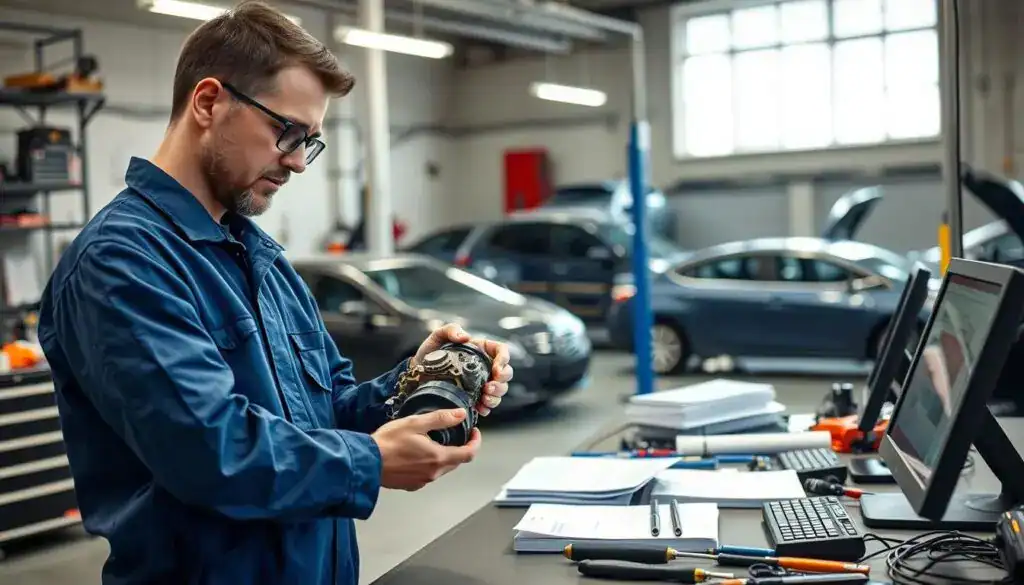 A professional workshop setting showcasing the theme of "responsibility for defects" in automotive repair. In the foreground, a mechanic in a blue uniform is meticulously examining a car part with a focused expression, demonstrating attention to detail. In the middle ground, various tools, manuals, and computer diagnostics equipment are neatly arranged on a workbench, illustrating a well-organized workspace. In the background, a well-lit garage with cars being serviced and a window letting in natural light, creating a warm atmosphere. The lighting is bright and even, reminiscent of a busy yet calm professional environment. The scene captures a sense of accountability and careful craftsmanship, embodying the essence of technical equivalence in repairs. A professional workshop setting showcasing the theme of "responsibility for defects" in automotive repair. In the foreground, a mechanic in a blue uniform is meticulously examining a car part with a focused expression, demonstrating attention to detail. In the middle ground, various tools, manuals, and computer diagnostics equipment are neatly arranged on a workbench, illustrating a well-organized workspace. In the background, a well-lit garage with cars being serviced and a window letting in natural light, creating a warm atmosphere. The lighting is bright and even, reminiscent of a busy yet calm professional environment. The scene captures a sense of accountability and careful craftsmanship, embodying the essence of technical equivalence in repairs.