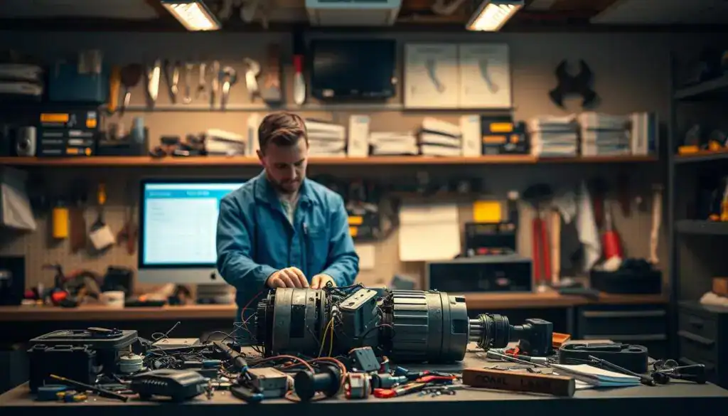 A professional workspace featuring a repair technician working on a piece of machinery, symbolizing the right to repair services. In the foreground, the technician, dressed in a neat blue jumpsuit, is examining a broken device on a cluttered workbench, tools and parts scattered around. The middle ground should include a computer displaying repair costs and product manuals, illustrating the financial aspect of repairs. The background shows shelves filled with repair tools and spare parts, dimly lit to create a focused atmosphere. Soft, warm lighting illuminates the scene, creating a sense of professionalism and dedication. The overall mood is serious yet hopeful, emphasizing the importance of repair rights and the costs involved. A professional workspace featuring a repair technician working on a piece of machinery, symbolizing the right to repair services. In the foreground, the technician, dressed in a neat blue jumpsuit, is examining a broken device on a cluttered workbench, tools and parts scattered around. The middle ground should include a computer displaying repair costs and product manuals, illustrating the financial aspect of repairs. The background shows shelves filled with repair tools and spare parts, dimly lit to create a focused atmosphere. Soft, warm lighting illuminates the scene, creating a sense of professionalism and dedication. The overall mood is serious yet hopeful, emphasizing the importance of repair rights and the costs involved.