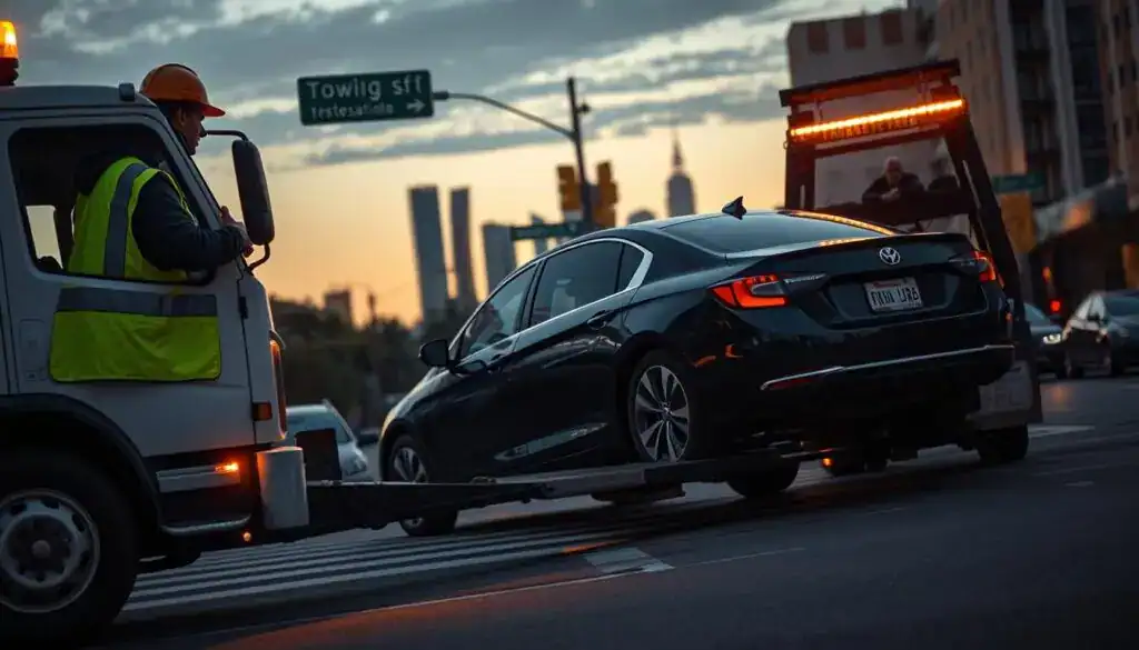 A scene depicting a vehicle being towed on a busy urban street, showcasing a professional tow truck in action. In the foreground, the tow truck is hooked to a sedan, with the driver, dressed in a reflective safety vest and a hard hat, demonstrating a sense of authority and care. The middle ground features a concerned car owner observing the process, dressed in smart casual attire, conveying the seriousness of the situation. In the background, street signs and a city skyline can be seen, bathed in warm evening light that casts soft shadows. The mood is tense yet professional, capturing the urgency of the towing process while emphasizing the legal and procedural context of towing rights. The composition is framed at eye level, highlighting the interaction between the tow truck and the vehicle being towed. A scene depicting a vehicle being towed on a busy urban street, showcasing a professional tow truck in action. In the foreground, the tow truck is hooked to a sedan, with the driver, dressed in a reflective safety vest and a hard hat, demonstrating a sense of authority and care. The middle ground features a concerned car owner observing the process, dressed in smart casual attire, conveying the seriousness of the situation. In the background, street signs and a city skyline can be seen, bathed in warm evening light that casts soft shadows. The mood is tense yet professional, capturing the urgency of the towing process while emphasizing the legal and procedural context of towing rights. The composition is framed at eye level, highlighting the interaction between the tow truck and the vehicle being towed.