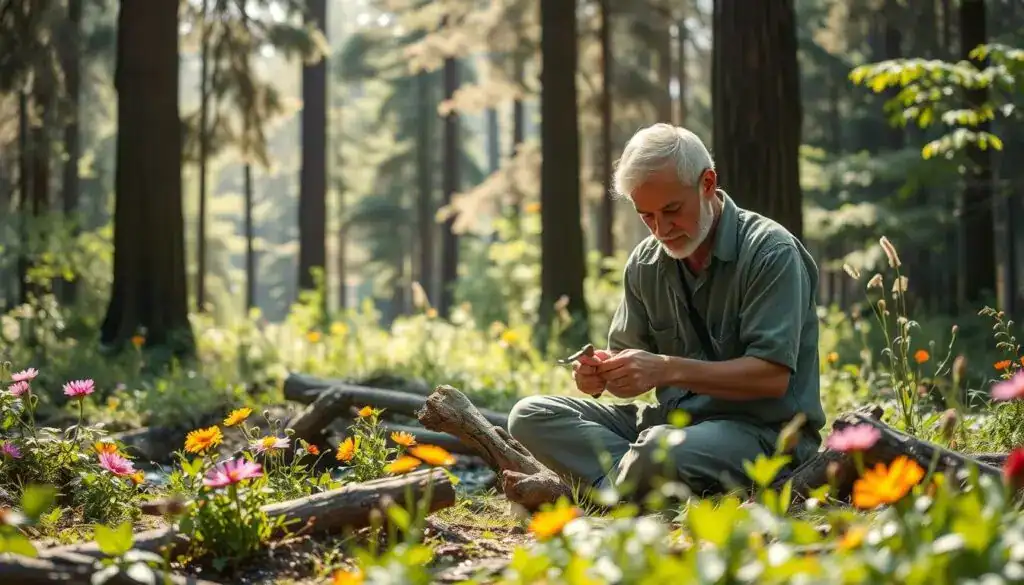 A serene forest setting depicting the theme of natural repair methods. In the foreground, a skilled artisan in modest casual clothing uses traditional tools to mend a broken wooden artifact, showcasing craft and sustainability. In the middle ground, various elements of nature, such as lush greenery, vibrant wildflowers, and gently flowing water, illustrate the healing power of the environment. The background features tall trees filtered through soft, dappled sunlight, creating warm, inviting shadows. Use a shallow depth of field to highlight the artisan while softly blurring the surrounding nature to evoke a peaceful, harmonious atmosphere. The overall mood is tranquil and reflective, emphasizing the beauty of alternative repair methods linked to nature. A serene forest setting depicting the theme of natural repair methods. In the foreground, a skilled artisan in modest casual clothing uses traditional tools to mend a broken wooden artifact, showcasing craft and sustainability. In the middle ground, various elements of nature, such as lush greenery, vibrant wildflowers, and gently flowing water, illustrate the healing power of the environment. The background features tall trees filtered through soft, dappled sunlight, creating warm, inviting shadows. Use a shallow depth of field to highlight the artisan while softly blurring the surrounding nature to evoke a peaceful, harmonious atmosphere. The overall mood is tranquil and reflective, emphasizing the beauty of alternative repair methods linked to nature.