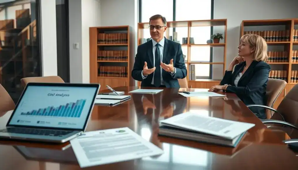 A serene office environment showcasing a mediation session between a professional lawyer and a client, both dressed in formal business attire. The foreground features a polished wooden conference table with legal documents and a laptop displaying charts and figures related to cost analysis. In the middle ground, the lawyer gestures thoughtfully, offering advice, while the client listens attentively, a look of contemplation on their face. The background shows shelves lined with legal books and a large window with soft natural light illuminating the room, casting gentle shadows. The atmosphere is calm and focused, reflecting a constructive discussion that captures the essence of mediation and legal support in resolving disputes. Ensure the image is well-composed with balanced lighting and a professional ambiance. A serene office environment showcasing a mediation session between a professional lawyer and a client, both dressed in formal business attire. The foreground features a polished wooden conference table with legal documents and a laptop displaying charts and figures related to cost analysis. In the middle ground, the lawyer gestures thoughtfully, offering advice, while the client listens attentively, a look of contemplation on their face. The background shows shelves lined with legal books and a large window with soft natural light illuminating the room, casting gentle shadows. The atmosphere is calm and focused, reflecting a constructive discussion that captures the essence of mediation and legal support in resolving disputes. Ensure the image is well-composed with balanced lighting and a professional ambiance.