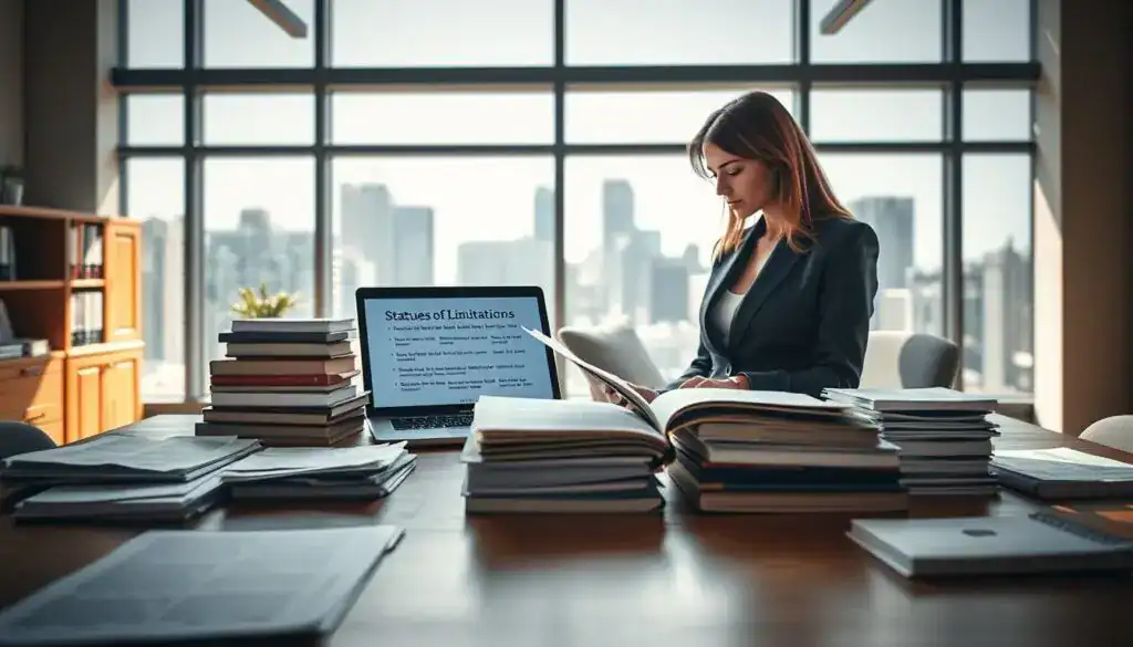 A serene office space filled with natural light, showcasing a large wooden desk in the foreground, piled with neatly organized legal documents and law books. In the middle, a laptop displays various digital notes about legal deadlines, while a woman in professional business attire meticulously studies a legal textbook on statutes of limitations. In the background, a large window reveals a bustling cityscape, symbolizing the pressing nature of time in legal claims. Soft shadows create a calm atmosphere, highlighting the importance of education on legal matters. The image employs a shallow depth of field, focusing on the female figure and the documents while softly blurring the background, evoking a sense of urgency and diligence in understanding the intricacies of legal deadlines. A serene office space filled with natural light, showcasing a large wooden desk in the foreground, piled with neatly organized legal documents and law books. In the middle, a laptop displays various digital notes about legal deadlines, while a woman in professional business attire meticulously studies a legal textbook on statutes of limitations. In the background, a large window reveals a bustling cityscape, symbolizing the pressing nature of time in legal claims. Soft shadows create a calm atmosphere, highlighting the importance of education on legal matters. The image employs a shallow depth of field, focusing on the female figure and the documents while softly blurring the background, evoking a sense of urgency and diligence in understanding the intricacies of legal deadlines.