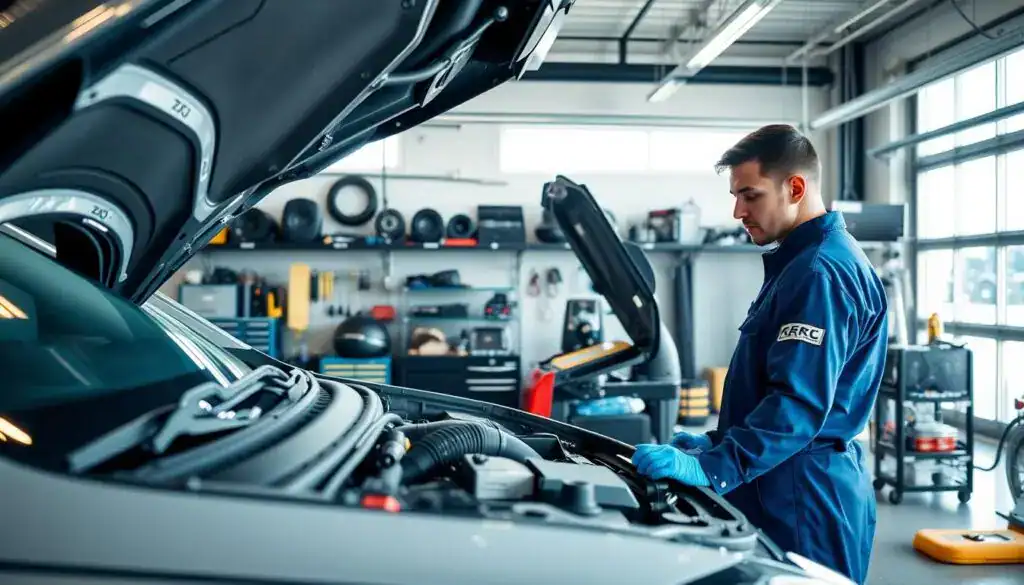 A skilled mechanic working diligently on a modern vehicle in a bright and organized automotive workshop. In the foreground, the mechanic, dressed in a neat blue jumpsuit and gloves, examines the vehicle's engine. The middle layer showcases a well-lit garage filled with advanced tools and diagnostic equipment, with parts and car accessories neatly arranged. The background reveals a large window allowing natural light to illuminate the space, enhancing the atmosphere of professionalism and expertise. The scene conveys a sense of trust and quality, emphasizing the importance of professional vehicle repair. The image is shot with a wide-angle lens, ensuring a clear view of both the mechanic and their surroundings, with a warm, inviting color palette that evokes reliability and competence. A skilled mechanic working diligently on a modern vehicle in a bright and organized automotive workshop. In the foreground, the mechanic, dressed in a neat blue jumpsuit and gloves, examines the vehicle's engine. The middle layer showcases a well-lit garage filled with advanced tools and diagnostic equipment, with parts and car accessories neatly arranged. The background reveals a large window allowing natural light to illuminate the space, enhancing the atmosphere of professionalism and expertise. The scene conveys a sense of trust and quality, emphasizing the importance of professional vehicle repair. The image is shot with a wide-angle lens, ensuring a clear view of both the mechanic and their surroundings, with a warm, inviting color palette that evokes reliability and competence.