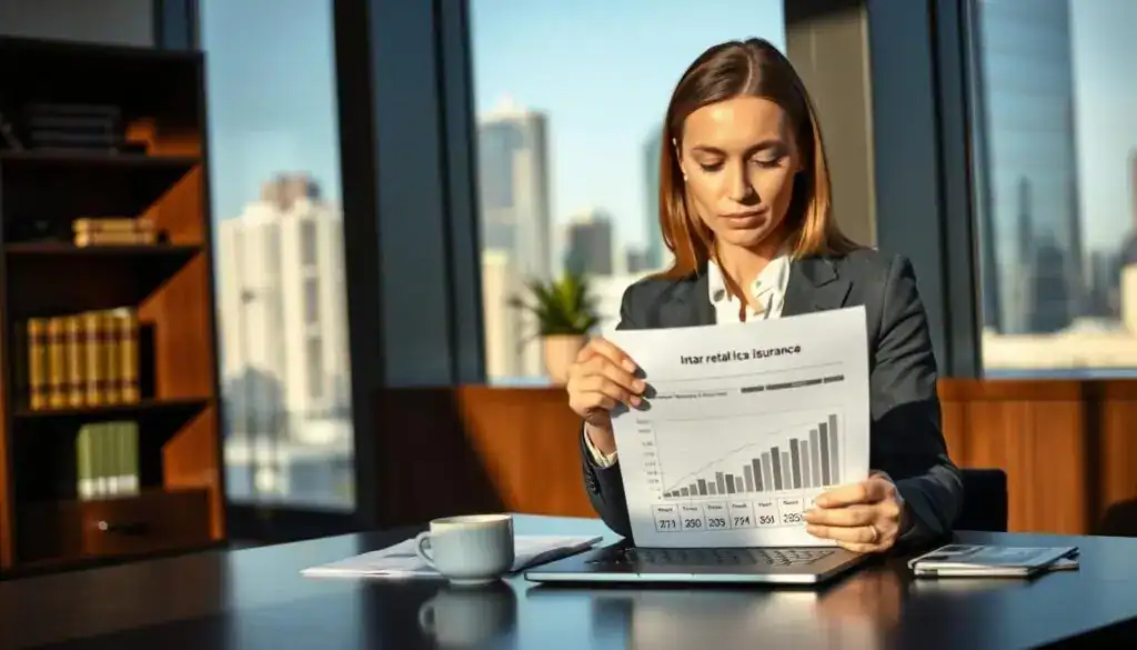 A sleek, modern office setting with large windows showcasing a cityscape in the background. In the foreground, a professional woman in a tailored suit reviewing a document regarding car rental insurance claims, her expression focused and determined. On her desk, an open laptop displays graphs related to car rental compensation, alongside a cup of coffee. The lighting is bright and natural, casting shadows that enhance the office's contemporary atmosphere. The middle ground features shelves with legal books and a small potted plant. The overall mood is serious and analytical, emphasizing the importance of understanding insurance matters related to vehicle rentals after an accident. The image is well-composed, with a slight depth of field that highlights the foreground subject while softly blurring the background elements. A sleek, modern office setting with large windows showcasing a cityscape in the background. In the foreground, a professional woman in a tailored suit reviewing a document regarding car rental insurance claims, her expression focused and determined. On her desk, an open laptop displays graphs related to car rental compensation, alongside a cup of coffee. The lighting is bright and natural, casting shadows that enhance the office's contemporary atmosphere. The middle ground features shelves with legal books and a small potted plant. The overall mood is serious and analytical, emphasizing the importance of understanding insurance matters related to vehicle rentals after an accident. The image is well-composed, with a slight depth of field that highlights the foreground subject while softly blurring the background elements.