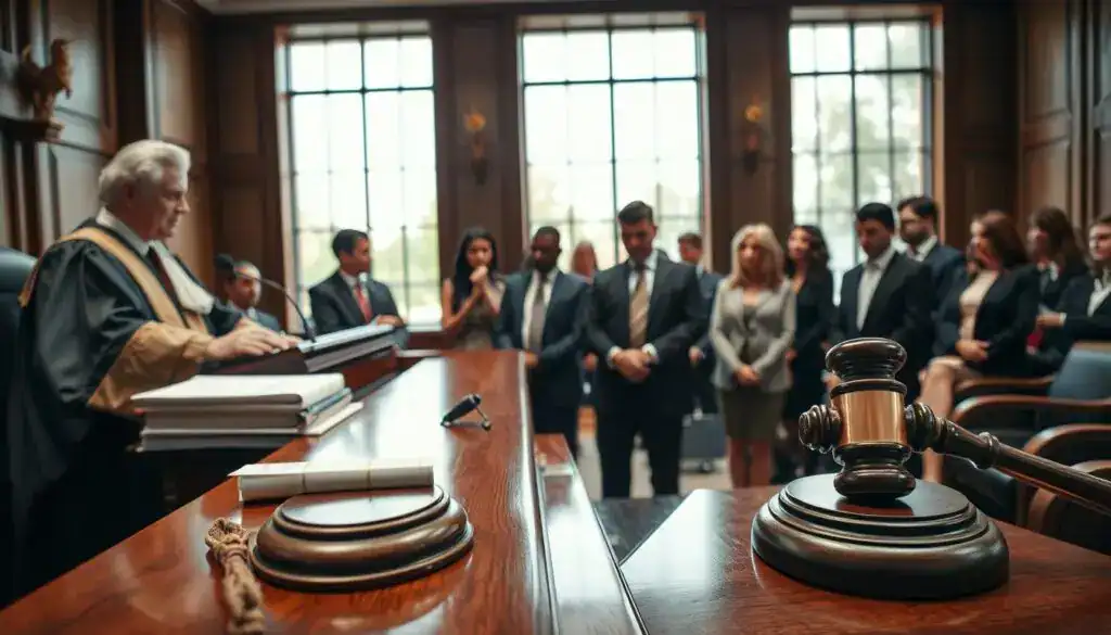 A solemn courtroom scene, depicting a judge in traditional robes presiding over a civil law case. In the foreground, a polished wooden bench holds a gavel and legal books, symbolizing the importance of procedural law. The middle ground features a diverse group of lawyers in professional business attire, engaged in a discussion, with serious expressions that reflect the gravity of deadlines and the statute of limitations. In the background, large windows allow soft, natural light to filter in, casting gentle shadows across the room, creating a contemplative atmosphere. The image should convey a sense of urgency and professionalism, capturing the nuances of legal proceedings related to claims and time limits. The angle is from a slightly elevated position, providing a clear view of all participants. A solemn courtroom scene, depicting a judge in traditional robes presiding over a civil law case. In the foreground, a polished wooden bench holds a gavel and legal books, symbolizing the importance of procedural law. The middle ground features a diverse group of lawyers in professional business attire, engaged in a discussion, with serious expressions that reflect the gravity of deadlines and the statute of limitations. In the background, large windows allow soft, natural light to filter in, casting gentle shadows across the room, creating a contemplative atmosphere. The image should convey a sense of urgency and professionalism, capturing the nuances of legal proceedings related to claims and time limits. The angle is from a slightly elevated position, providing a clear view of all participants.