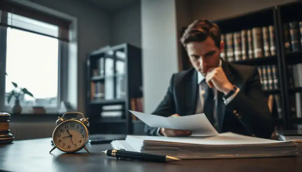 A somber office environment highlighting the theme of personal injury claims. In the foreground, a close-up of a neatly organized desk with legal documents meticulously stacked, a pen, and a clock showing time passing, symbolizing the urgency of claims. The middle ground features a professional individual in formal attire, with a contemplative expression, reviewing the documents, representing someone affected by a personal injury. In the background, a dimly lit office with shelves filled with law books and a window showing overcast weather, creating a serious and reflective mood. Soft, natural lighting filters through the window, enhancing the atmosphere of urgency and contemplation surrounding time constraints for filing claims. A somber office environment highlighting the theme of personal injury claims. In the foreground, a close-up of a neatly organized desk with legal documents meticulously stacked, a pen, and a clock showing time passing, symbolizing the urgency of claims. The middle ground features a professional individual in formal attire, with a contemplative expression, reviewing the documents, representing someone affected by a personal injury. In the background, a dimly lit office with shelves filled with law books and a window showing overcast weather, creating a serious and reflective mood. Soft, natural lighting filters through the window, enhancing the atmosphere of urgency and contemplation surrounding time constraints for filing claims.