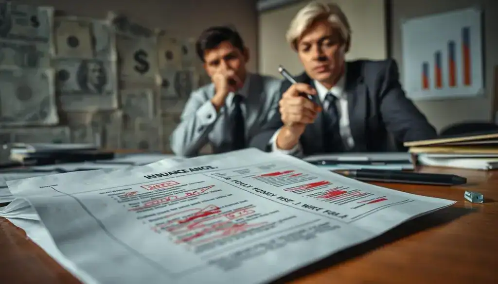 A somber office setting where a professional figure, dressed in business attire, examines a detailed insurance report. In the foreground, a distressed document lies open, showing a poorly estimated cost with red marks and discrepancies highlighted. In the middle ground, a thoughtful advisor, looking concerned, holds a pen poised as they assess the damage related to property, symbolizing financial loss. In the background, abstract representations of money and valuation, like faded dollar signs and graphs, hint at miscalculations. Soft, ambient lighting casts shadows, creating a mood of seriousness and contemplation. The angle captures the desk clutter, emphasizing the complexity of fair assessments while maintaining a professional atmosphere. A somber office setting where a professional figure, dressed in business attire, examines a detailed insurance report. In the foreground, a distressed document lies open, showing a poorly estimated cost with red marks and discrepancies highlighted. In the middle ground, a thoughtful advisor, looking concerned, holds a pen poised as they assess the damage related to property, symbolizing financial loss. In the background, abstract representations of money and valuation, like faded dollar signs and graphs, hint at miscalculations. Soft, ambient lighting casts shadows, creating a mood of seriousness and contemplation. The angle captures the desk clutter, emphasizing the complexity of fair assessments while maintaining a professional atmosphere.