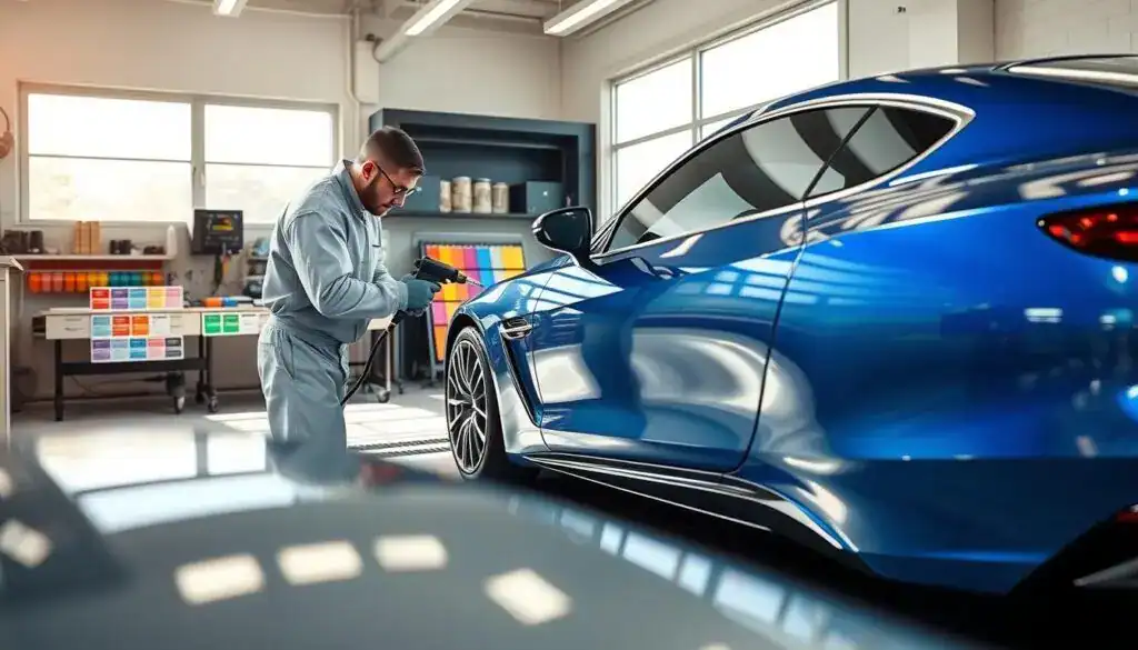 A state-of-the-art automotive painting service station, featuring a sleek car being expertly painted in shades of metallic blue and silver. In the foreground, a professional painter in a clean jumpsuit adjusts the spray gun, focused on achieving a flawless finish. The middle ground showcases advanced painting equipment and vibrant color samples displayed on a workspace. In the background, large windows let in natural light, enhancing the shiny surfaces and creating a warm atmosphere. The space is meticulously organized, emphasizing a blend of artistry and technology. Soft shadows contrast with bright highlights, conveying a sense of professionalism and precision in the art of automotive painting. A state-of-the-art automotive painting service station, featuring a sleek car being expertly painted in shades of metallic blue and silver. In the foreground, a professional painter in a clean jumpsuit adjusts the spray gun, focused on achieving a flawless finish. The middle ground showcases advanced painting equipment and vibrant color samples displayed on a workspace. In the background, large windows let in natural light, enhancing the shiny surfaces and creating a warm atmosphere. The space is meticulously organized, emphasizing a blend of artistry and technology. Soft shadows contrast with bright highlights, conveying a sense of professionalism and precision in the art of automotive painting.