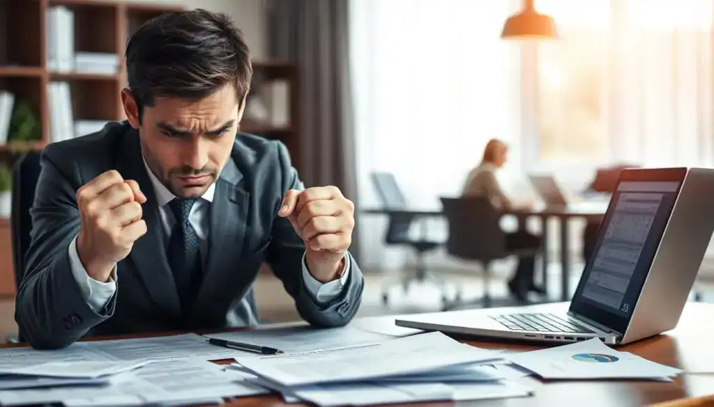 A visual representation focusing on common problems in claiming compensation, featuring a frustrated individual in professional business attire sitting at a desk, surrounded by scattered paperwork, legal documents, and a laptop displaying a complex spreadsheet. In the foreground, a close-up of a furrowed brow and clenched fists captures the tension and anxiety of the claim process. In the middle ground, an obstructed view of a meeting table with a lawyer and client discussing issues, emphasizing the challenges faced. The background shows a blurred office environment, with soft natural lighting coming through a window, creating a sense of urgency and stress. The overall mood is serious and contemplative, reflecting the complexities and frustrations of the compensation claiming journey. A visual representation focusing on common problems in claiming compensation, featuring a frustrated individual in professional business attire sitting at a desk, surrounded by scattered paperwork, legal documents, and a laptop displaying a complex spreadsheet. In the foreground, a close-up of a furrowed brow and clenched fists captures the tension and anxiety of the claim process. In the middle ground, an obstructed view of a meeting table with a lawyer and client discussing issues, emphasizing the challenges faced. The background shows a blurred office environment, with soft natural lighting coming through a window, creating a sense of urgency and stress. The overall mood is serious and contemplative, reflecting the complexities and frustrations of the compensation claiming journey.