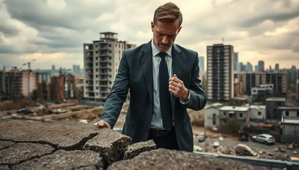 A visually compelling representation of "szkoda majątkowa" featuring a split scene. In the foreground, a businessman in a professional suit examines a cracked and damaged property, looking concerned and contemplative. In the middle ground, a distressed urban environment showcases deserted buildings and neglected properties symbolizing market depreciation. The background reveals a gloomy skyline with overcast skies, casting a somber light over the scene. Use soft, diffused lighting to enhance the mood of loss and economic decline, while a shallow depth of field focuses on the businessman and the damaged property, blurring the surrounding decay. The image should evoke a sense of urgency and reflection on financial loss. A visually compelling representation of "szkoda majątkowa" featuring a split scene. In the foreground, a businessman in a professional suit examines a cracked and damaged property, looking concerned and contemplative. In the middle ground, a distressed urban environment showcases deserted buildings and neglected properties symbolizing market depreciation. The background reveals a gloomy skyline with overcast skies, casting a somber light over the scene. Use soft, diffused lighting to enhance the mood of loss and economic decline, while a shallow depth of field focuses on the businessman and the damaged property, blurring the surrounding decay. The image should evoke a sense of urgency and reflection on financial loss.