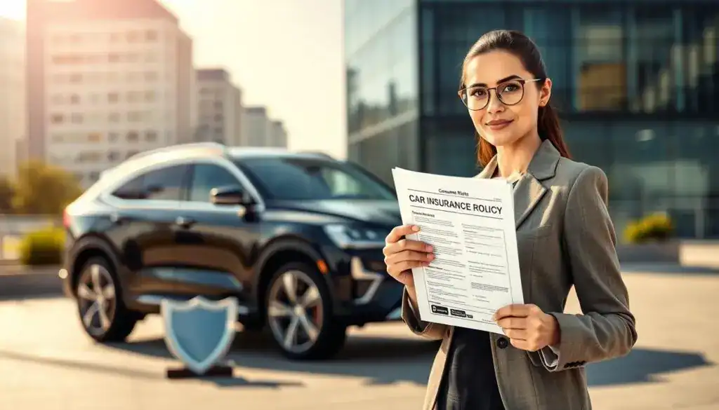A visually engaging composition illustrating consumer rights related to vehicle insurance regulations. In the foreground, a confident businesswoman in professional attire holds a car insurance policy document, looking towards the viewer. In the middle ground, a sleek, modern vehicle stands prominently, showcasing its features, while a symbol of consumer protection, like a shield or scales, is subtly integrated into the design. The background features an urban landscape with office buildings reflecting a bright, sunny day, conveying a sense of professionalism and clarity. Soft, natural lighting highlights the subjects, while a slight bokeh effect adds depth, ensuring the focus remains on the woman and the vehicle. The overall mood is empowering and informative, encapsulating the essence of consumer rights in the context of vehicle insurance. A visually engaging composition illustrating consumer rights related to vehicle insurance regulations. In the foreground, a confident businesswoman in professional attire holds a car insurance policy document, looking towards the viewer. In the middle ground, a sleek, modern vehicle stands prominently, showcasing its features, while a symbol of consumer protection, like a shield or scales, is subtly integrated into the design. The background features an urban landscape with office buildings reflecting a bright, sunny day, conveying a sense of professionalism and clarity. Soft, natural lighting highlights the subjects, while a slight bokeh effect adds depth, ensuring the focus remains on the woman and the vehicle. The overall mood is empowering and informative, encapsulating the essence of consumer rights in the context of vehicle insurance.