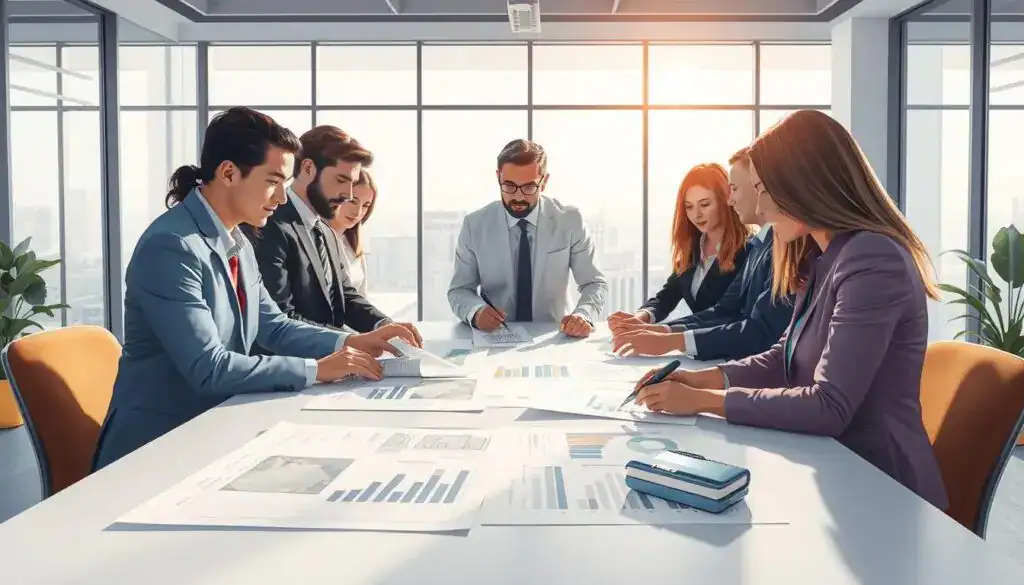 A visually engaging illustration depicting the concept of consumer rights and contract conditions in cost estimation, set in a modern office environment. In the foreground, a team of diverse professionals dressed in smart business attire is gathered around a large table, analyzing technical documents and graphs. In the middle ground, detailed charts and blueprints related to cost estimation are visibly laid out, symbolizing precision and technicality. The background showcases a bright, well-lit office with large windows letting in natural light, enhancing an atmosphere of professionalism and transparency. Soft shadows create depth, and the overall mood is focused yet collaborative, emphasizing the importance of education in cost estimation processes.