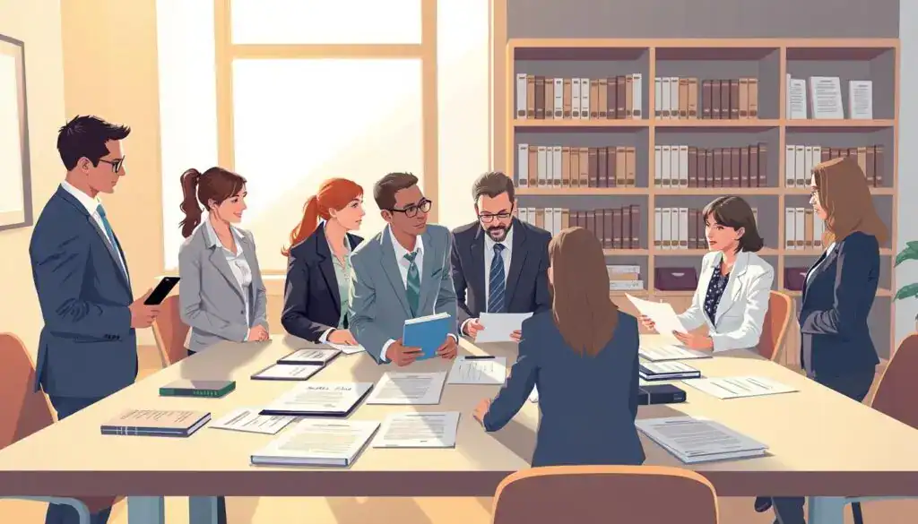 A visually engaging illustration representing "consumer protection," set in an office environment. In the foreground, a diverse group of professionals dressed in smart business attire, engaged in a discussion around a large table covered with documents and digital devices. In the middle ground, a large window lets in warm, natural light, creating a welcoming atmosphere. A bookshelf filled with legal texts and consumer rights pamphlets is visible in the background, emphasizing the theme. The angle of the composition should provide depth, capturing both the serious nature of the discussion and the collaborative spirit among the individuals. The overall mood should reflect a sense of responsibility and protectiveness towards consumers, with soft shadows providing a calm, professional ambiance. A visually engaging illustration representing "consumer protection," set in an office environment. In the foreground, a diverse group of professionals dressed in smart business attire, engaged in a discussion around a large table covered with documents and digital devices. In the middle ground, a large window lets in warm, natural light, creating a welcoming atmosphere. A bookshelf filled with legal texts and consumer rights pamphlets is visible in the background, emphasizing the theme. The angle of the composition should provide depth, capturing both the serious nature of the discussion and the collaborative spirit among the individuals. The overall mood should reflect a sense of responsibility and protectiveness towards consumers, with soft shadows providing a calm, professional ambiance.