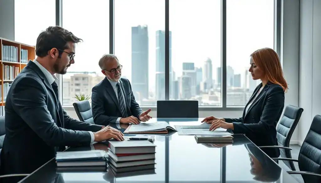 A visually engaging scene depicting a modern law office focused on safety and compliance, with knowledgeable professionals discussing regulatory aspects of product substitutions in German law. In the foreground, two businesspeople, one male and one female, dressed in professional business attire, are analyzing legal documents on a sleek conference table. The middle ground features a large window with natural light streaming in, illuminating a well-organized workspace filled with books on law and compliance. In the background, a city skyline is visible, symbolizing a progressive legal environment. The atmosphere is collaborative and focused, with a sense of urgency conveyed through their expressions and gestures. The lighting is bright yet soft, enhancing the professional tone of the setting. A visually engaging scene depicting a modern law office focused on safety and compliance, with knowledgeable professionals discussing regulatory aspects of product substitutions in German law. In the foreground, two businesspeople, one male and one female, dressed in professional business attire, are analyzing legal documents on a sleek conference table. The middle ground features a large window with natural light streaming in, illuminating a well-organized workspace filled with books on law and compliance. In the background, a city skyline is visible, symbolizing a progressive legal environment. The atmosphere is collaborative and focused, with a sense of urgency conveyed through their expressions and gestures. The lighting is bright yet soft, enhancing the professional tone of the setting.