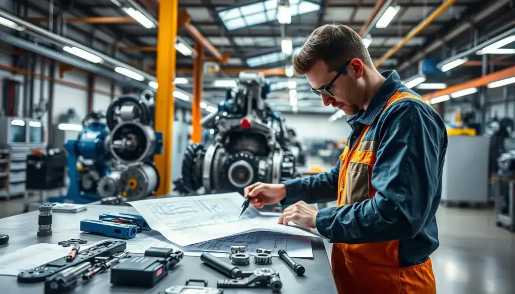 A visually striking composition showing a mechanic in a modern workshop, deeply engaged in the examination of complex machinery parts, emphasizing the theme of technical compliance as the foundation for repairs. In the foreground, the mechanic, dressed in professional work attire, is using high-tech tools and examining blueprints laid out on a workbench. The middle features a detailed array of various machines and components, illustrating the intricacies of technical specifications. The background showcases bright industrial lights and a clean, organized environment, reflecting a commitment to safety and quality. The atmosphere is focused and professional, with a hint of innovation, representing the importance of adhering to technical standards in repair work. The lighting is bright and even, highlighting the details of the workshop setting. A visually striking composition showing a mechanic in a modern workshop, deeply engaged in the examination of complex machinery parts, emphasizing the theme of technical compliance as the foundation for repairs. In the foreground, the mechanic, dressed in professional work attire, is using high-tech tools and examining blueprints laid out on a workbench. The middle features a detailed array of various machines and components, illustrating the intricacies of technical specifications. The background showcases bright industrial lights and a clean, organized environment, reflecting a commitment to safety and quality. The atmosphere is focused and professional, with a hint of innovation, representing the importance of adhering to technical standards in repair work. The lighting is bright and even, highlighting the details of the workshop setting.