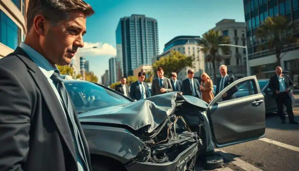 A vivid scene depicting a car accident aftermath in an urban setting, focusing on hidden damages to the vehicle. In the foreground, a professional wearing business attire examines the crumpled car with a concerned expression. The middle ground features emergency responders and bystanders, all in modest attire, assessing the situation with serious expressions. The background shows a city street lined with modern buildings under a clear blue sky, with soft sunlight casting realistic shadows across the scene. The mood is tense yet professional, emphasizing the importance of addressing hidden damages post-accident. The composition should be captured from a slightly elevated angle to provide a comprehensive view of the accident scene while highlighting the interactions of the figures present. A vivid scene depicting a car accident aftermath in an urban setting, focusing on hidden damages to the vehicle. In the foreground, a professional wearing business attire examines the crumpled car with a concerned expression. The middle ground features emergency responders and bystanders, all in modest attire, assessing the situation with serious expressions. The background shows a city street lined with modern buildings under a clear blue sky, with soft sunlight casting realistic shadows across the scene. The mood is tense yet professional, emphasizing the importance of addressing hidden damages post-accident. The composition should be captured from a slightly elevated angle to provide a comprehensive view of the accident scene while highlighting the interactions of the figures present.