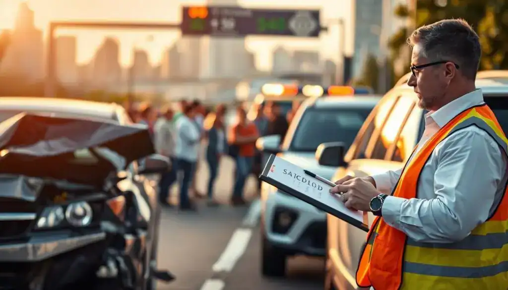 A vivid scene depicting a traffic accident on a busy urban road, featuring two damaged vehicles: one is a compact car with front-end damage and the other is an SUV with a crumpled side. In the foreground, a professional inspector in a crisp white shirt and safety vest examines the car's structural integrity, holding a clipboard. The middle ground shows a small crowd of onlookers, dressed in casual yet respectful clothing, discussing the incident with concern. In the background, blurred city skyline and flashing emergency lights create a tense atmosphere. The lighting is dramatic, with the golden hues of late afternoon sun casting long shadows, enhancing the mood of urgency. Focused on the vehicles and the assessment process, captured with a shallow depth of field and a slightly low-angle shot to convey the seriousness of the situation. A vivid scene depicting a traffic accident on a busy urban road, featuring two damaged vehicles: one is a compact car with front-end damage and the other is an SUV with a crumpled side. In the foreground, a professional inspector in a crisp white shirt and safety vest examines the car's structural integrity, holding a clipboard. The middle ground shows a small crowd of onlookers, dressed in casual yet respectful clothing, discussing the incident with concern. In the background, blurred city skyline and flashing emergency lights create a tense atmosphere. The lighting is dramatic, with the golden hues of late afternoon sun casting long shadows, enhancing the mood of urgency. Focused on the vehicles and the assessment process, captured with a shallow depth of field and a slightly low-angle shot to convey the seriousness of the situation.