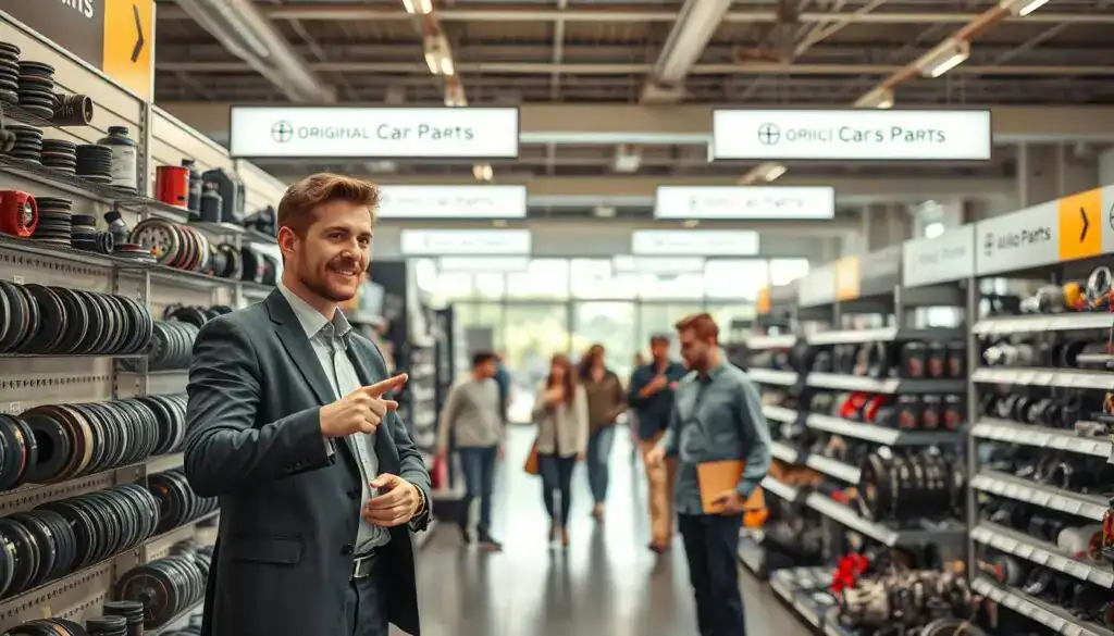 A well-lit auto parts store interior, showcasing a diverse selection of original car parts arranged neatly on shelves. In the foreground, a professional-looking salesperson wearing business attire consults with a customer, pointing towards a well-organized display of components like brake pads, filters, and engines. In the middle ground, additional customers browse the aisles, creating a sense of active engagement in the purchasing process. The background features large illuminated signage indicating different sections for various car brands. Soft, natural lighting flows in from large windows, giving the scene a warm and welcoming atmosphere. The image conveys a sense of professionalism and reliability, focusing on the importance of obtaining original parts for vehicle maintenance and technology. A well-lit auto parts store interior, showcasing a diverse selection of original car parts arranged neatly on shelves. In the foreground, a professional-looking salesperson wearing business attire consults with a customer, pointing towards a well-organized display of components like brake pads, filters, and engines. In the middle ground, additional customers browse the aisles, creating a sense of active engagement in the purchasing process. The background features large illuminated signage indicating different sections for various car brands. Soft, natural lighting flows in from large windows, giving the scene a warm and welcoming atmosphere. The image conveys a sense of professionalism and reliability, focusing on the importance of obtaining original parts for vehicle maintenance and technology.