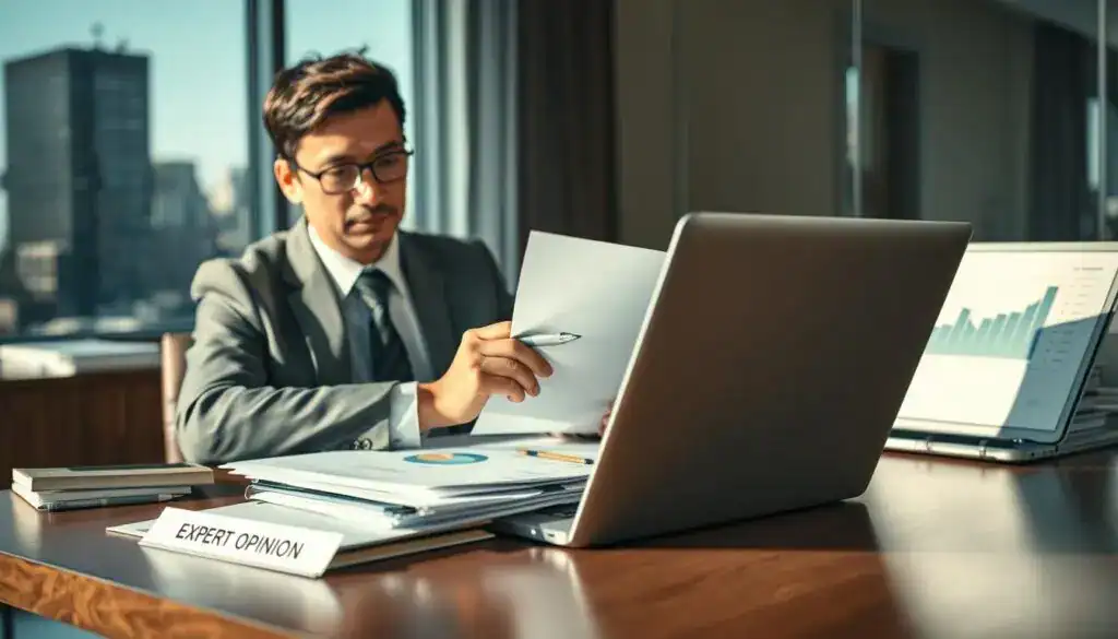 A well-lit office setting featuring a professional consultant in formal business attire, sitting at a sleek wooden desk strewn with documents and legal files, including a stack labeled “Expert Opinion” prominently. In the foreground, a focused expression on the consultant's face as they review a document with a pen in hand. The middle ground should include a soft-angled view of an open laptop displaying graphs and figures, symbolizing analysis. In the background, a window with natural light pouring in, revealing blurred cityscape outlines, creating an ambiance of professionalism and authority. The mood is serious yet optimistic, emphasizing the importance of expert opinions in decision-making processes. Use soft, warm lighting to convey a sense of reliability and trustworthiness. A well-lit office setting featuring a professional consultant in formal business attire, sitting at a sleek wooden desk strewn with documents and legal files, including a stack labeled “Expert Opinion” prominently. In the foreground, a focused expression on the consultant's face as they review a document with a pen in hand. The middle ground should include a soft-angled view of an open laptop displaying graphs and figures, symbolizing analysis. In the background, a window with natural light pouring in, revealing blurred cityscape outlines, creating an ambiance of professionalism and authority. The mood is serious yet optimistic, emphasizing the importance of expert opinions in decision-making processes. Use soft, warm lighting to convey a sense of reliability and trustworthiness.