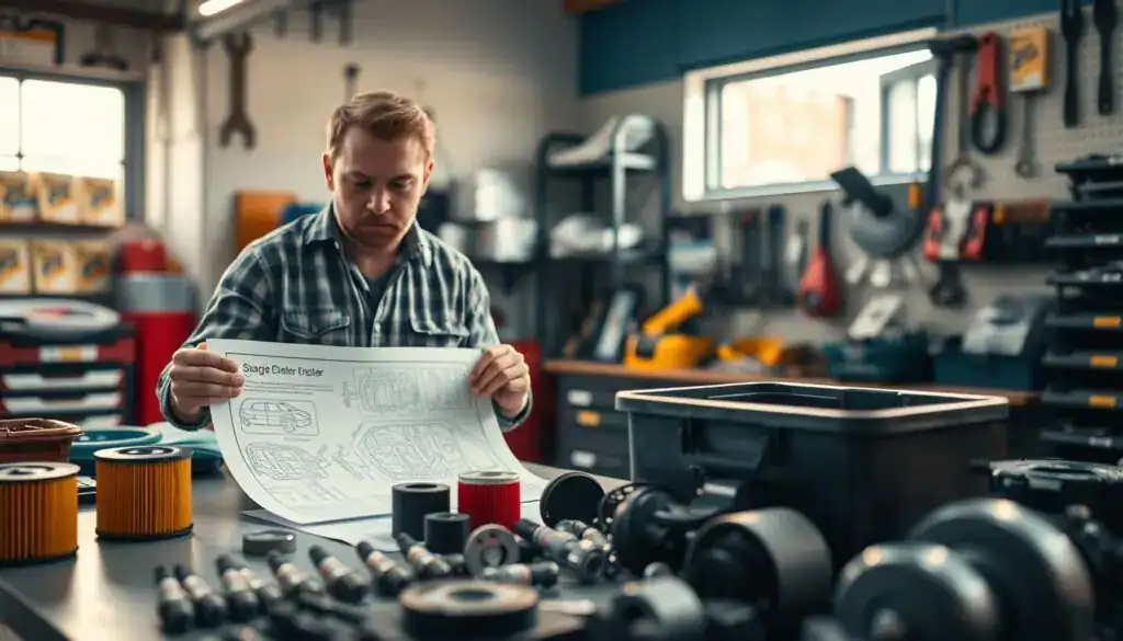 A well-organized automotive workshop scene featuring a knowledgeable car owner, dressed in casual yet professional attire, intensely focused on a detailed diagram of vehicle parts on a workbench. In the foreground, showcase various car components like filters, spark plugs, and brakes, neatly arranged, with a toolbox nearby. The middle ground should display shelves filled with car manuals and additional spare parts. In the background, blurred tools hang on a wall, creating a sense of depth. Warm, natural lighting filters through a window, casting soft shadows and highlighting the texture of the workspace. The atmosphere is one of diligence and responsibility, encapsulating the theme of selecting the right car parts. A well-organized automotive workshop scene featuring a knowledgeable car owner, dressed in casual yet professional attire, intensely focused on a detailed diagram of vehicle parts on a workbench. In the foreground, showcase various car components like filters, spark plugs, and brakes, neatly arranged, with a toolbox nearby. The middle ground should display shelves filled with car manuals and additional spare parts. In the background, blurred tools hang on a wall, creating a sense of depth. Warm, natural lighting filters through a window, casting soft shadows and highlighting the texture of the workspace. The atmosphere is one of diligence and responsibility, encapsulating the theme of selecting the right car parts.