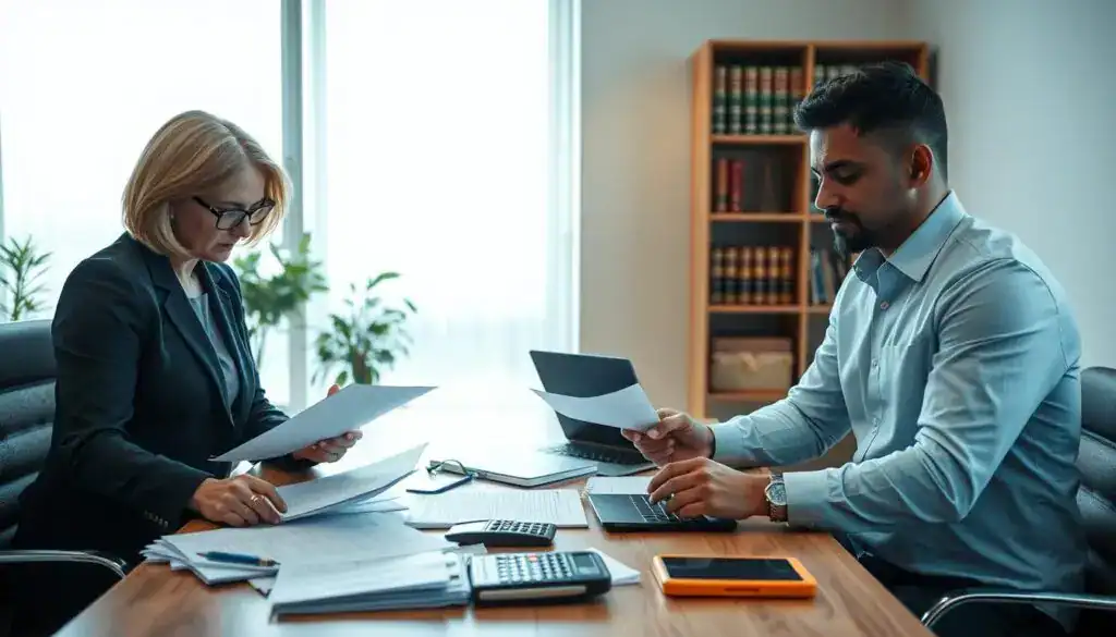 A well-organized office environment featuring a diverse group of three professionals engaged in a serious discussion about insurance negotiations. In the foreground, a middle-aged woman in a smart blazer studies documents, while a younger man in a crisp shirt takes notes on a notepad. In the middle, a table is cluttered with files, a laptop, and a calculator, signaling preparation for negotiation. The background includes a large window letting in natural light, illuminating the room with a warm, focused ambiance. A subtle bookshelf filled with legal texts complements the professionalism of the setting. The mood is serious yet collaborative, emphasizing the importance of readiness and teamwork in insurance discussions. The scene captures the essence of thorough preparation and strategic planning. A well-organized office environment featuring a diverse group of three professionals engaged in a serious discussion about insurance negotiations. In the foreground, a middle-aged woman in a smart blazer studies documents, while a younger man in a crisp shirt takes notes on a notepad. In the middle, a table is cluttered with files, a laptop, and a calculator, signaling preparation for negotiation. The background includes a large window letting in natural light, illuminating the room with a warm, focused ambiance. A subtle bookshelf filled with legal texts complements the professionalism of the setting. The mood is serious yet collaborative, emphasizing the importance of readiness and teamwork in insurance discussions. The scene captures the essence of thorough preparation and strategic planning.
