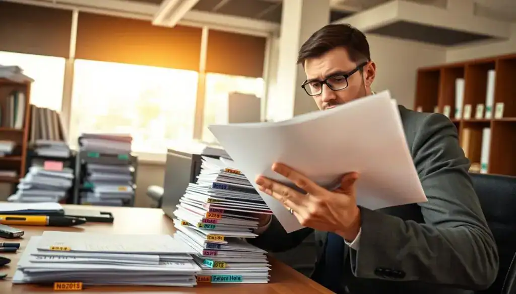 A well-organized office environment featuring a neat desk with a stack of colorful document files labeled with various dates and categories, symbolizing the responsibility of document storage. In the foreground, a professional business person dressed in smart attire is reviewing a document with a concerned expression, illustrating the consequences of missing receipts. In the middle, an open filing cabinet with clear folders can be seen, full of neatly sorted invoices and receipts. In the background, a large window allows soft, warm sunlight to illuminate the space, creating an atmosphere of seriousness and organization. The camera angle is slightly tilted to emphasize the desk's clutter yet orderliness, while a shallow depth of field draws attention to the important documents in focus. The overall mood evokes diligence and the importance of maintaining proper documentation. A well-organized office environment featuring a neat desk with a stack of colorful document files labeled with various dates and categories, symbolizing the responsibility of document storage. In the foreground, a professional business person dressed in smart attire is reviewing a document with a concerned expression, illustrating the consequences of missing receipts. In the middle, an open filing cabinet with clear folders can be seen, full of neatly sorted invoices and receipts. In the background, a large window allows soft, warm sunlight to illuminate the space, creating an atmosphere of seriousness and organization. The camera angle is slightly tilted to emphasize the desk's clutter yet orderliness, while a shallow depth of field draws attention to the important documents in focus. The overall mood evokes diligence and the importance of maintaining proper documentation.