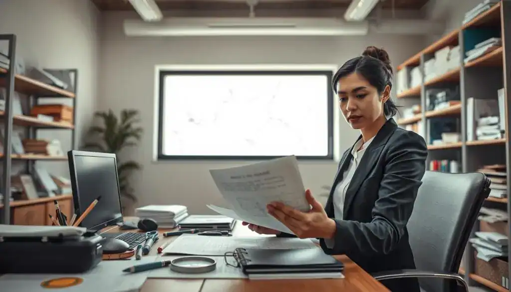 A well-organized office scene focused on documenting hidden damage. In the foreground, a professional businesswoman in smart attire is carefully examining a rolled-up blueprint, seated at a desk cluttered with inspection tools, a notebook, and a magnifying glass. In the middle ground, a bright window casts natural light across the room, illuminating a wall with faint water stains and cracking paint, symbolizing the hidden damage. In the background, shelves lined with various documentation and project files create an atmosphere of diligence and professionalism. The overall mood is serious and focused, with a soft depth of field that highlights the details of the scene. The composition is shot at eye level to convey intimacy and engagement with the subject matter. A well-organized office scene focused on documenting hidden damage. In the foreground, a professional businesswoman in smart attire is carefully examining a rolled-up blueprint, seated at a desk cluttered with inspection tools, a notebook, and a magnifying glass. In the middle ground, a bright window casts natural light across the room, illuminating a wall with faint water stains and cracking paint, symbolizing the hidden damage. In the background, shelves lined with various documentation and project files create an atmosphere of diligence and professionalism. The overall mood is serious and focused, with a soft depth of field that highlights the details of the scene. The composition is shot at eye level to convey intimacy and engagement with the subject matter.