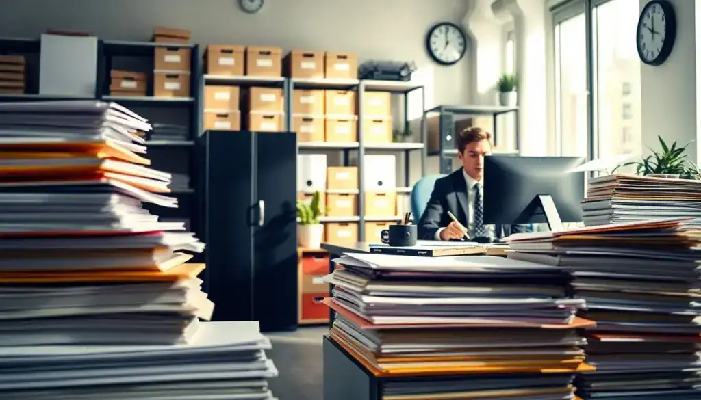 A well-organized office workspace showcasing practical aspects of document management. In the foreground, neatly stacked folders and a modern filing cabinet, both labeled and color-coded for easy reference, emphasize efficiency. In the middle ground, a professional in business attire is seen working at a tidy desk, writing notes and using a computer, surrounded by organized paperwork and a plant for a touch of color. The background features shelves filled with clearly labeled document boxes and a wall clock, suggesting a structured environment. Natural light streams through a window, casting soft shadows, creating a calm yet productive atmosphere conducive to effective document management. The image captures a sense of order and professionalism, focusing on the importance of maintaining organized documentation. A well-organized office workspace showcasing practical aspects of document management. In the foreground, neatly stacked folders and a modern filing cabinet, both labeled and color-coded for easy reference, emphasize efficiency. In the middle ground, a professional in business attire is seen working at a tidy desk, writing notes and using a computer, surrounded by organized paperwork and a plant for a touch of color. The background features shelves filled with clearly labeled document boxes and a wall clock, suggesting a structured environment. Natural light streams through a window, casting soft shadows, creating a calm yet productive atmosphere conducive to effective document management. The image captures a sense of order and professionalism, focusing on the importance of maintaining organized documentation.