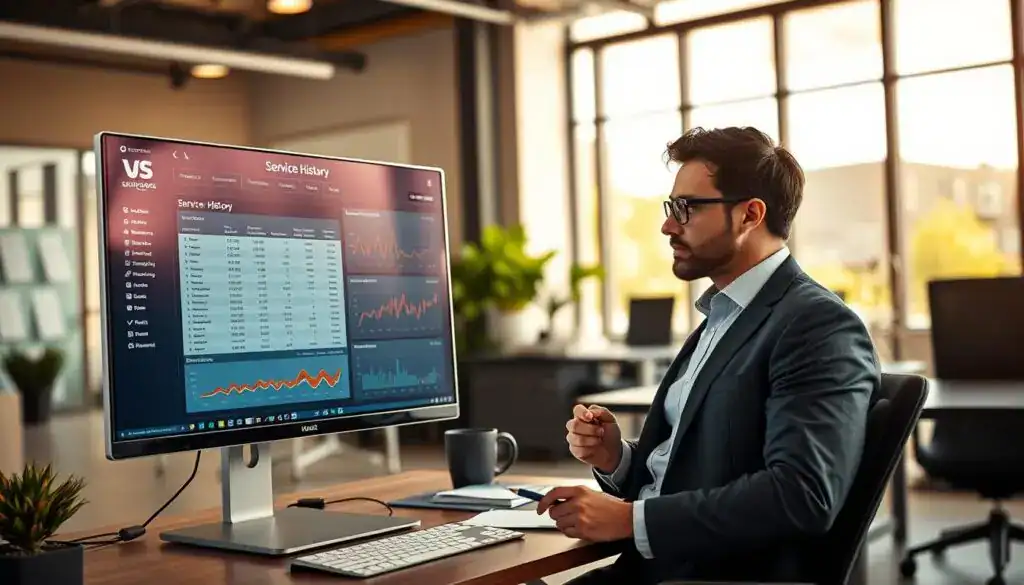 A well-organized service history dashboard in a modern office setting, showcasing a detailed service log on a sleek computer screen, emphasizing data analytics and trends. In the foreground, a professional individual in business attire analyzes the dashboard with a focused expression, making notes on a notepad. The middle ground features office furniture, like a stylish desk and ergonomic chair, with subtle decor elements highlighting a tech-savvy environment. In the background, a large window lets in warm, natural light, creating a bright and inviting atmosphere. The image should convey a sense of professionalism, confidence, and diligence, demonstrating the importance of maintaining a robust service history. Soft focus and a slight upward angle can enhance the depth and perspective. A well-organized service history dashboard in a modern office setting, showcasing a detailed service log on a sleek computer screen, emphasizing data analytics and trends. In the foreground, a professional individual in business attire analyzes the dashboard with a focused expression, making notes on a notepad. The middle ground features office furniture, like a stylish desk and ergonomic chair, with subtle decor elements highlighting a tech-savvy environment. In the background, a large window lets in warm, natural light, creating a bright and inviting atmosphere. The image should convey a sense of professionalism, confidence, and diligence, demonstrating the importance of maintaining a robust service history. Soft focus and a slight upward angle can enhance the depth and perspective.