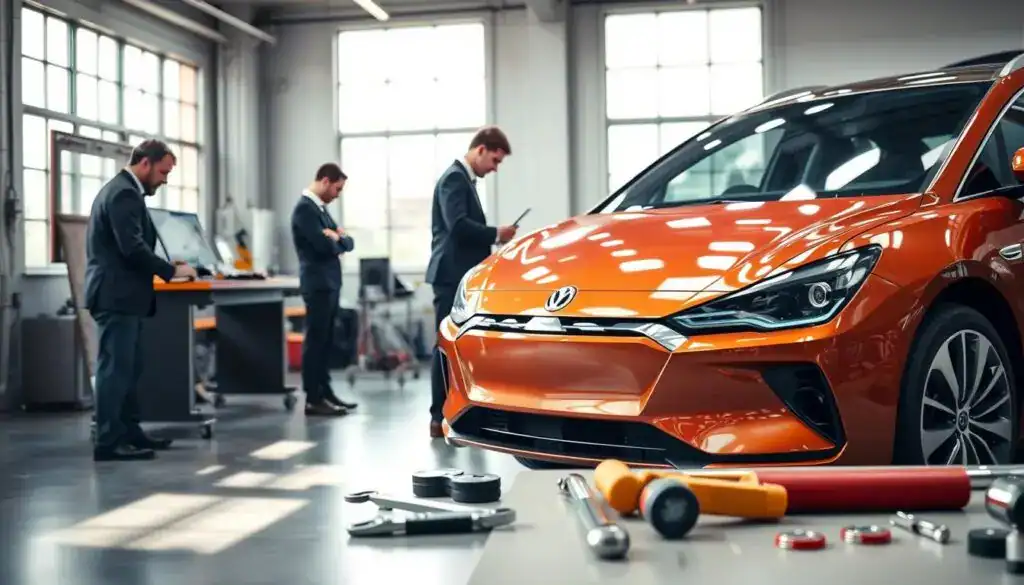 A young vehicle, representing modern automotive technology, is placed in a spacious workshop environment. In the foreground, the vehicle is depicted with gleaming details, showcasing its sleek lines and vibrant color. Mechanics, dressed in professional business attire, are carefully examining the vehicle, emphasizing the need for caution during repairs. In the middle ground, tools are neatly organized on a workbench, highlighting the importance of quality in the repair process. The background features large windows allowing soft, natural light to filter in, casting gentle shadows and enhancing the workshop's atmosphere. The overall mood conveys diligence and professionalism, accentuating the theme of thorough care in vehicle maintenance. A young vehicle, representing modern automotive technology, is placed in a spacious workshop environment. In the foreground, the vehicle is depicted with gleaming details, showcasing its sleek lines and vibrant color. Mechanics, dressed in professional business attire, are carefully examining the vehicle, emphasizing the need for caution during repairs. In the middle ground, tools are neatly organized on a workbench, highlighting the importance of quality in the repair process. The background features large windows allowing soft, natural light to filter in, casting gentle shadows and enhancing the workshop's atmosphere. The overall mood conveys diligence and professionalism, accentuating the theme of thorough care in vehicle maintenance.