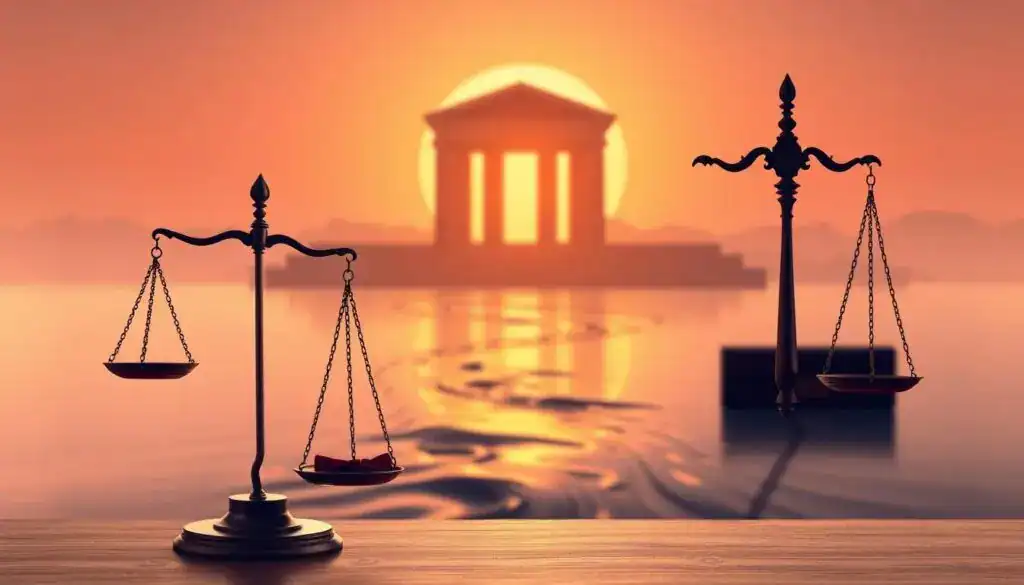 An abstract legal concept illustration of "§ 823 BGB" and tort law. In the foreground, a balanced scale of justice sits prominently, symbolizing fairness and legal principles. The middle ground features a flowing river representing the importance of responsibility and consequence, with symbolic elements like gavel and briefcase subtly integrated into the water. In the background, an impressive abstract courthouse silhouette under a softly glowing sunset creates a contemplative atmosphere. The lighting is warm and inviting, casting gentle shadows that enhance the depth of the scene. The overall mood is serious yet hopeful, focusing on the intricacies of legal understanding without any human subjects or text elements. An abstract legal concept illustration of "§ 823 BGB" and tort law. In the foreground, a balanced scale of justice sits prominently, symbolizing fairness and legal principles. The middle ground features a flowing river representing the importance of responsibility and consequence, with symbolic elements like gavel and briefcase subtly integrated into the water. In the background, an impressive abstract courthouse silhouette under a softly glowing sunset creates a contemplative atmosphere. The lighting is warm and inviting, casting gentle shadows that enhance the depth of the scene. The overall mood is serious yet hopeful, focusing on the intricacies of legal understanding without any human subjects or text elements.