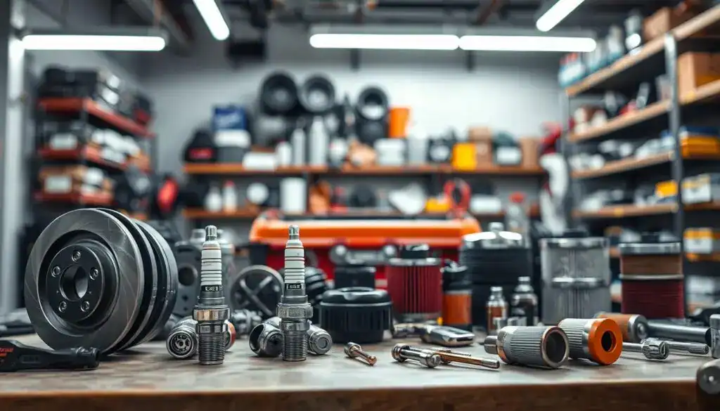 An assortment of original car parts displayed thoughtfully on a clean, professional workshop bench. In the foreground, a close-up view of high-quality parts such as brake pads, spark plugs, and filters, gleaming under bright overhead LED lights, emphasizing their pristine condition. In the middle ground, a mechanic's toolbox and tools are neatly organized, hinting at ongoing repairs. In the background, blurred shelves filled with more original automotive components, creating a sense of depth. The atmosphere is one of professionalism and reliability, aiming to evoke trust in the integrity and value of original parts. Soft shadows add depth, while the overall lighting is bright, highlighting the rich textures and colors of the car parts. An assortment of original car parts displayed thoughtfully on a clean, professional workshop bench. In the foreground, a close-up view of high-quality parts such as brake pads, spark plugs, and filters, gleaming under bright overhead LED lights, emphasizing their pristine condition. In the middle ground, a mechanic's toolbox and tools are neatly organized, hinting at ongoing repairs. In the background, blurred shelves filled with more original automotive components, creating a sense of depth. The atmosphere is one of professionalism and reliability, aiming to evoke trust in the integrity and value of original parts. Soft shadows add depth, while the overall lighting is bright, highlighting the rich textures and colors of the car parts.