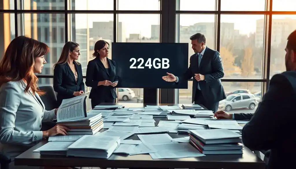 An elegant office setting showcasing a group of professionals engaged in a serious discussion about legal matters. In the foreground, two women in business attire are intently analyzing documents, while a man in a suit gestures towards a visual representation of § 249 BGB on a digital screen. The middle ground displays a large, modern conference table cluttered with legal texts and notes, emphasizing the theme of new legal interpretations in insurance cases. The background features glass windows with a cityscape view, softly illuminated by natural sunlight, creating a warm, focused atmosphere. The setting conveys a sense of urgency and professionalism, capturing the essence of legal discourse. An elegant office setting showcasing a group of professionals engaged in a serious discussion about legal matters. In the foreground, two women in business attire are intently analyzing documents, while a man in a suit gestures towards a visual representation of § 249 BGB on a digital screen. The middle ground displays a large, modern conference table cluttered with legal texts and notes, emphasizing the theme of new legal interpretations in insurance cases. The background features glass windows with a cityscape view, softly illuminated by natural sunlight, creating a warm, focused atmosphere. The setting conveys a sense of urgency and professionalism, capturing the essence of legal discourse.