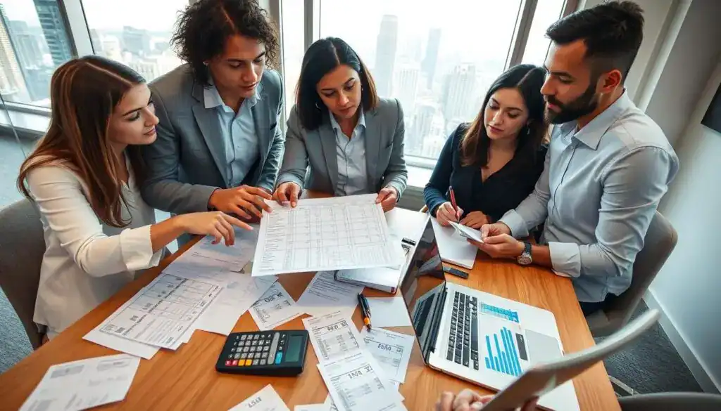 An office setting featuring a professional discussion about additional costs related to accommodation claims. In the foreground, a diverse group of three professionals, dressed in business attire, examines a document filled with expense details; one points to specific numbers while another takes notes. In the middle, a table cluttered with receipts, a calculator, and a laptop displaying graphs of costs. In the background, a large window lets in soft, natural light, highlighting a modern cityscape. The atmosphere is focused and serious, evoking the importance of thorough documentation for expense claims. The camera angle is slightly above eye level, providing a comprehensive view of the scene. An office setting featuring a professional discussion about additional costs related to accommodation claims. In the foreground, a diverse group of three professionals, dressed in business attire, examines a document filled with expense details; one points to specific numbers while another takes notes. In the middle, a table cluttered with receipts, a calculator, and a laptop displaying graphs of costs. In the background, a large window lets in soft, natural light, highlighting a modern cityscape. The atmosphere is focused and serious, evoking the importance of thorough documentation for expense claims. The camera angle is slightly above eye level, providing a comprehensive view of the scene.