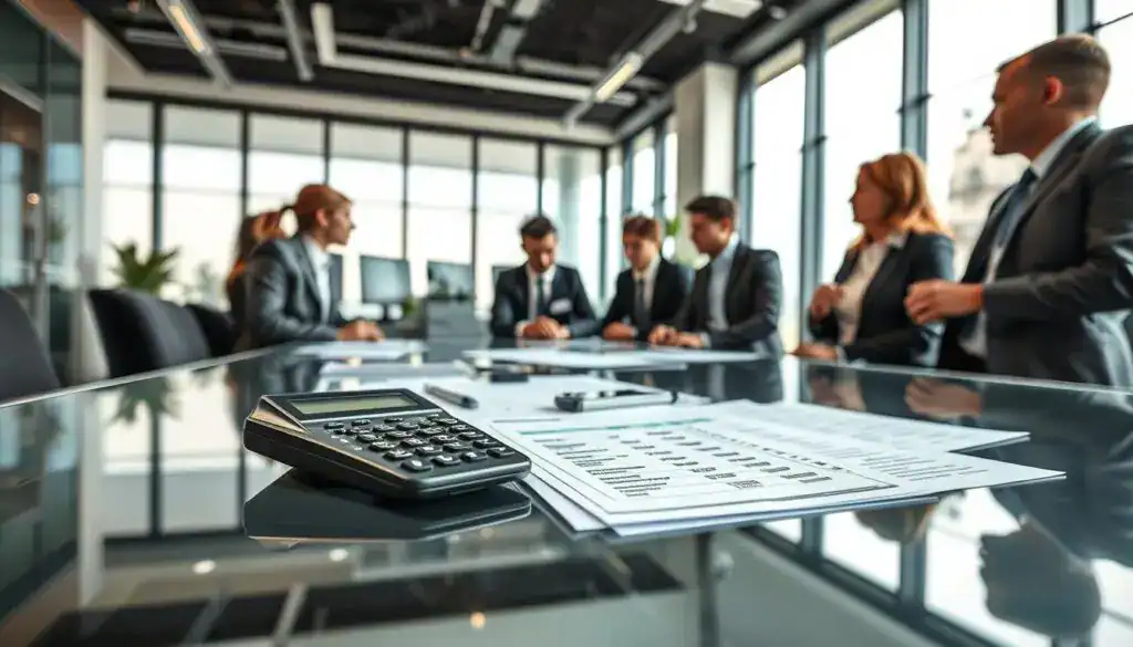 An office setting showcasing a professional scene that illustrates the application of net payment regulations. In the foreground, a diverse group of business professionals, dressed in formal attire, are engaged in a discussion over financial documents on a sleek glass table. In the middle, detailed close-ups of invoices, calculators, and digital screens displaying financial data emphasize the theme of VAT and net payments. The background features a modern office space with large windows allowing natural light to illuminate the scene, creating a bright and focused atmosphere. The camera angle is slightly above the table, capturing the collaboration while keeping the ambiance professional and energetic. An office setting showcasing a professional scene that illustrates the application of net payment regulations. In the foreground, a diverse group of business professionals, dressed in formal attire, are engaged in a discussion over financial documents on a sleek glass table. In the middle, detailed close-ups of invoices, calculators, and digital screens displaying financial data emphasize the theme of VAT and net payments. The background features a modern office space with large windows allowing natural light to illuminate the scene, creating a bright and focused atmosphere. The camera angle is slightly above the table, capturing the collaboration while keeping the ambiance professional and energetic.