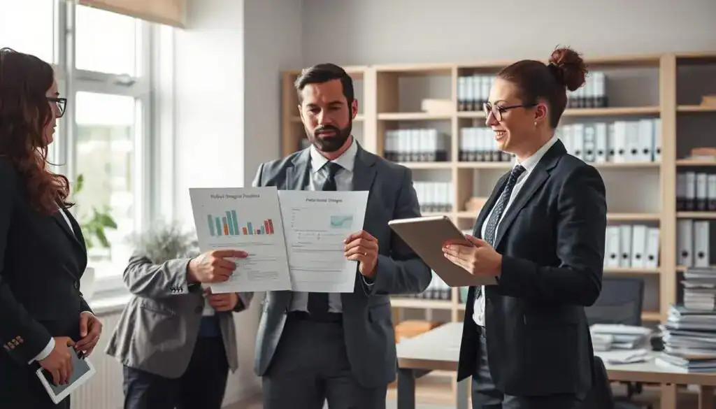 An office setting showcasing a professional working environment. In the foreground, a diverse group of three business people, dressed in smart business attire, engaged in a discussion about hidden damages related to accidents. One person is pointing at a document showing charts and data on potential damages, while another takes notes on a tablet. In the middle ground, a large window allows soft natural light to illuminate the room, enhancing the atmosphere of urgency and professionalism. The background includes shelves of legal books and a modern desk cluttered with papers and documents. The overall mood is serious yet collaborative, reflecting the importance of discussing repairable damages in a business context. The image should have a clean and polished look, with a focus on clarity and detail. An office setting showcasing a professional working environment. In the foreground, a diverse group of three business people, dressed in smart business attire, engaged in a discussion about hidden damages related to accidents. One person is pointing at a document showing charts and data on potential damages, while another takes notes on a tablet. In the middle ground, a large window allows soft natural light to illuminate the room, enhancing the atmosphere of urgency and professionalism. The background includes shelves of legal books and a modern desk cluttered with papers and documents. The overall mood is serious yet collaborative, reflecting the importance of discussing repairable damages in a business context. The image should have a clean and polished look, with a focus on clarity and detail.