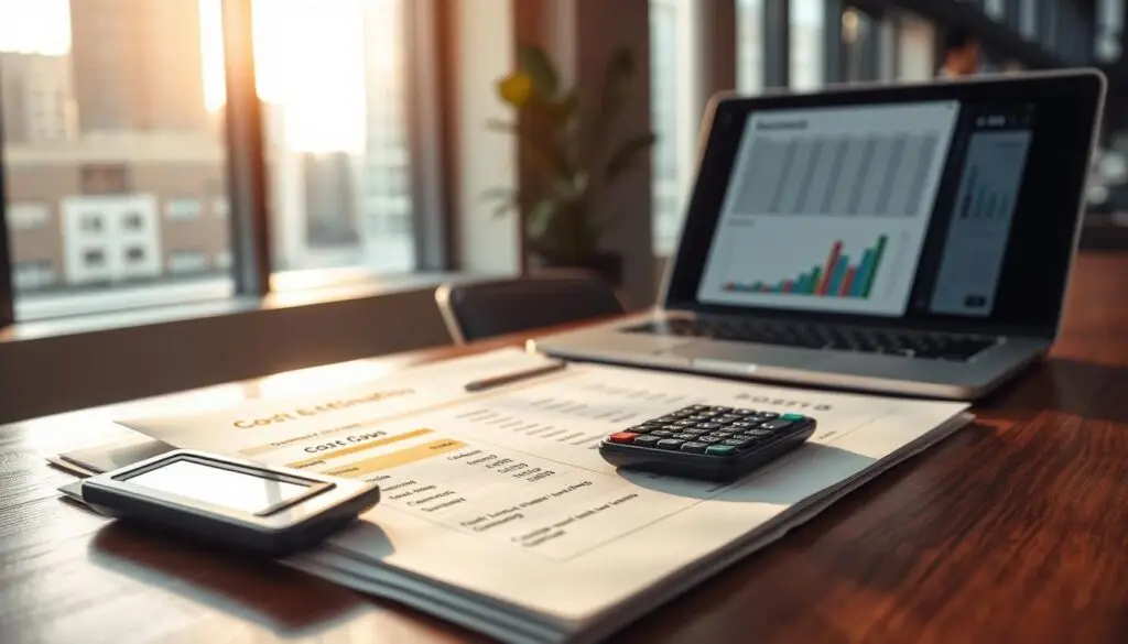 A detailed scene depicting a professional cost estimation document on a sleek wooden desk. The document features highlighted sections indicating various costs involved, with an elegant calculator resting beside it. In the background, a faint image of a corporate office is visible, with large windows letting in warm natural light that casts soft shadows across the desk. A laptop is partially open, displaying spreadsheets and graphs, suggesting in-depth analysis. The atmosphere conveys a sense of professionalism and urgency, with an emphasis on accuracy and scrutiny. The focus is crisp, capturing fine details, while the overall setting reflects a high-stakes business environment. A detailed scene depicting a professional cost estimation document on a sleek wooden desk. The document features highlighted sections indicating various costs involved, with an elegant calculator resting beside it. In the background, a faint image of a corporate office is visible, with large windows letting in warm natural light that casts soft shadows across the desk. A laptop is partially open, displaying spreadsheets and graphs, suggesting in-depth analysis. The atmosphere conveys a sense of professionalism and urgency, with an emphasis on accuracy and scrutiny. The focus is crisp, capturing fine details, while the overall setting reflects a high-stakes business environment.