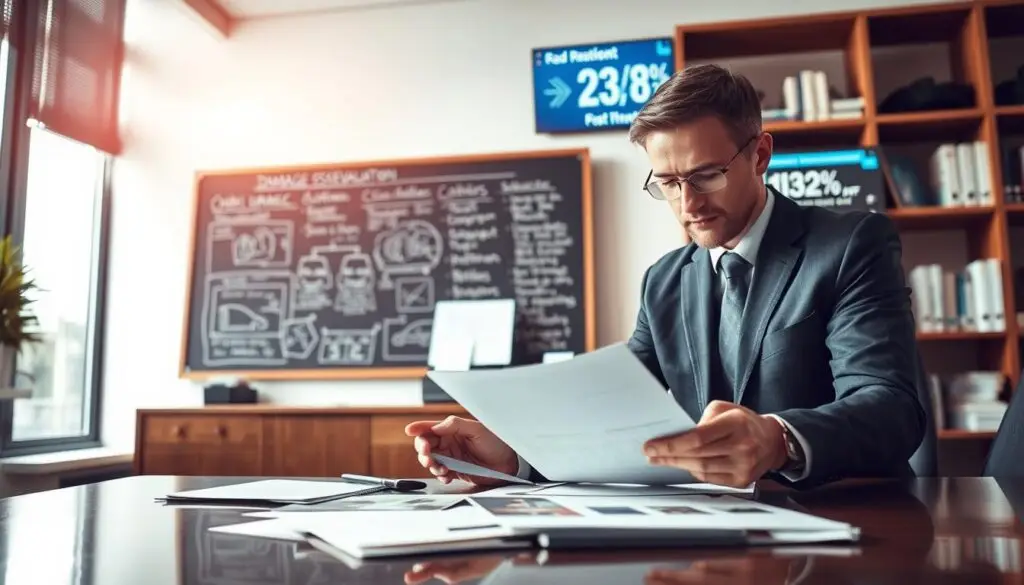 A detailed scene of a professional evaluation of damage after an accident, showcasing a modern office setting. In the foreground, a focused insurance expert, wearing a smart business suit, examines a large set of documents and photographs on a polished desk. The middle ground features a large window allowing natural light to spill into the room, highlighting a chalkboard filled with notes and diagrams about common assessment errors. In the background, shelves are lined with industry reference books and a digital display showing statistics on damage evaluation. The atmosphere is serious and business-like, with a warm color palette, creating a sense of professionalism and urgency. The angle is slightly elevated, capturing both the expert's concentration and the organized chaos of the evaluation process. A detailed scene of a professional evaluation of damage after an accident, showcasing a modern office setting. In the foreground, a focused insurance expert, wearing a smart business suit, examines a large set of documents and photographs on a polished desk. The middle ground features a large window allowing natural light to spill into the room, highlighting a chalkboard filled with notes and diagrams about common assessment errors. In the background, shelves are lined with industry reference books and a digital display showing statistics on damage evaluation. The atmosphere is serious and business-like, with a warm color palette, creating a sense of professionalism and urgency. The angle is slightly elevated, capturing both the expert's concentration and the organized chaos of the evaluation process.