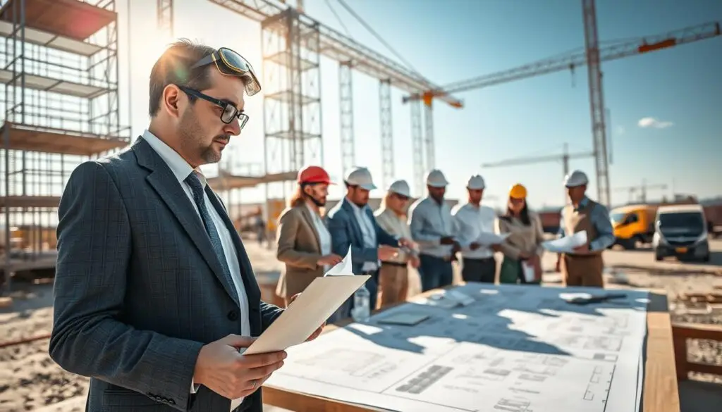 A detailed scene showcasing a technical witness collaborating with specialists at a construction site. In the foreground, a professional in business attire is examining structural plans on a clipboard, with safety goggles resting on their head, conveying expertise and focus. The middle ground features a diverse group of engineers and architects discussing over blueprints on a large table, animatedly pointing at various sections. The background includes scaffolding and construction vehicles, with sunlight filtering through a blue sky, casting dynamic shadows across the site. The atmosphere is one of teamwork and professional diligence, highlighting the importance of collaboration in engineering fields. The lighting is bright and natural, emphasizing clarity and efficiency in the workspace. A detailed scene showcasing a technical witness collaborating with specialists at a construction site. In the foreground, a professional in business attire is examining structural plans on a clipboard, with safety goggles resting on their head, conveying expertise and focus. The middle ground features a diverse group of engineers and architects discussing over blueprints on a large table, animatedly pointing at various sections. The background includes scaffolding and construction vehicles, with sunlight filtering through a blue sky, casting dynamic shadows across the site. The atmosphere is one of teamwork and professional diligence, highlighting the importance of collaboration in engineering fields. The lighting is bright and natural, emphasizing clarity and efficiency in the workspace.