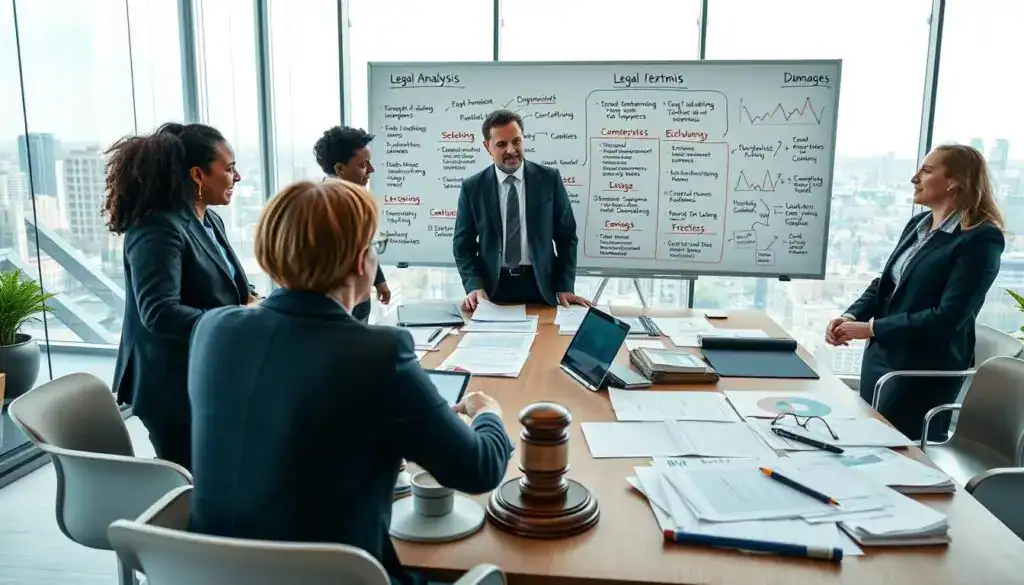A dynamic and engaging scene depicting legal analysis in the context of insurance claims management. In the foreground, a diverse group of four professionals, dressed in smart business attire, are gathered around a large conference table covered with legal documents, charts, and a laptop displaying data analytics. The middle ground features a large whiteboard filled with key terms and diagrams related to damage assessment and compensation processes. The background shows a modern office setting with glass walls, natural light streaming in, and views of a city skyline. The atmosphere is collaborative and focused, emphasizing the importance of legal terminology in claims resolution. The image is well-lit, capturing the seriousness of the discussion while maintaining an upbeat, professional mood. A dynamic and engaging scene depicting legal analysis in the context of insurance claims management. In the foreground, a diverse group of four professionals, dressed in smart business attire, are gathered around a large conference table covered with legal documents, charts, and a laptop displaying data analytics. The middle ground features a large whiteboard filled with key terms and diagrams related to damage assessment and compensation processes. The background shows a modern office setting with glass walls, natural light streaming in, and views of a city skyline. The atmosphere is collaborative and focused, emphasizing the importance of legal terminology in claims resolution. The image is well-lit, capturing the seriousness of the discussion while maintaining an upbeat, professional mood.
