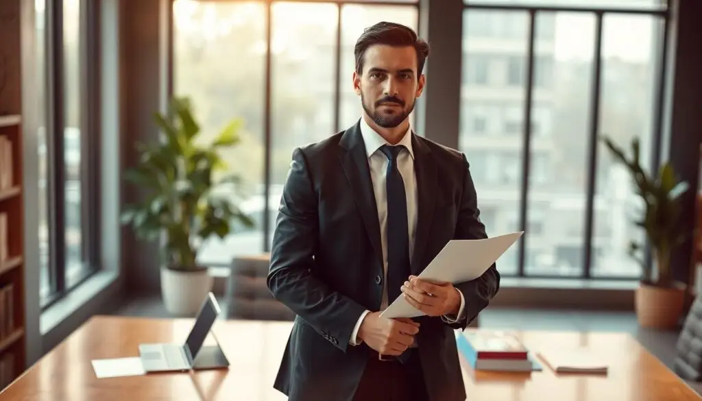 A professional and composed lawyer in a sharp business suit, standing confidently with a legal document in hand, surrounded by a modern office environment. In the foreground, focus on the lawyer's determined expression, showcasing their expertise and trustworthiness. The middle ground features a sleek desk with a laptop and law books, symbolizing diligence and professionalism. In the background, large windows let in natural light, providing a bright and inviting atmosphere. The scene should convey a sense of authority and support, emphasizing the importance of legal assistance in insurance claims. The lighting is warm and motivational, capturing a moment of readiness to take on challenges. A professional and composed lawyer in a sharp business suit, standing confidently with a legal document in hand, surrounded by a modern office environment. In the foreground, focus on the lawyer's determined expression, showcasing their expertise and trustworthiness. The middle ground features a sleek desk with a laptop and law books, symbolizing diligence and professionalism. In the background, large windows let in natural light, providing a bright and inviting atmosphere. The scene should convey a sense of authority and support, emphasizing the importance of legal assistance in insurance claims. The lighting is warm and motivational, capturing a moment of readiness to take on challenges.