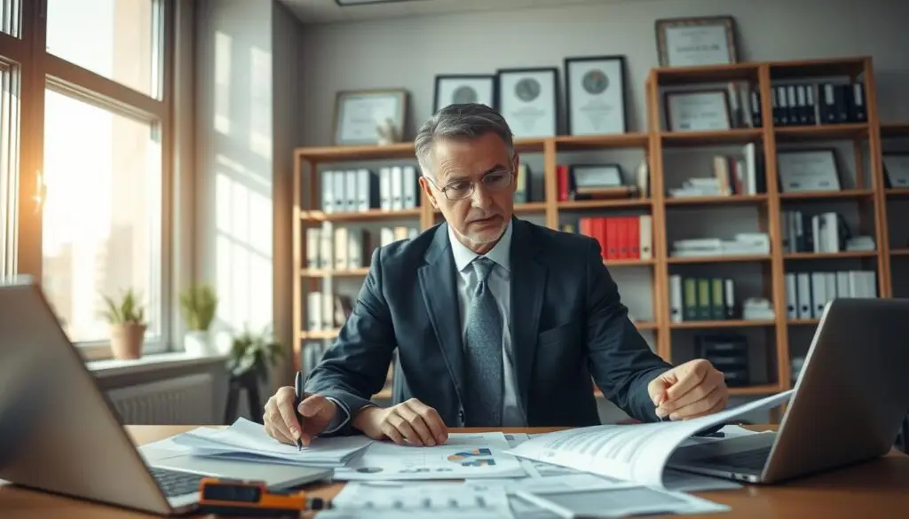 A professional and focused scene depicting a technical expert, dressed in a formal business suit, examining a detailed technical report in an office environment. The expert is seated at a modern desk cluttered with documents, measuring tools, and a laptop displaying data analysis. In the background, shelves filled with technical books and certificates highlight the expertise required for providing a technical opinion. Natural light streams in through large windows, casting soft shadows across the room, creating a serious yet conducive atmosphere for analysis. The angle should highlight the expert's concentration and the intricacies of the report, inviting the viewer into the process of assessing technical opinions. The overall mood is one of diligence and professionalism, emphasizing the importance of thorough evaluation in technical assessments. A professional and focused scene depicting a technical expert, dressed in a formal business suit, examining a detailed technical report in an office environment. The expert is seated at a modern desk cluttered with documents, measuring tools, and a laptop displaying data analysis. In the background, shelves filled with technical books and certificates highlight the expertise required for providing a technical opinion. Natural light streams in through large windows, casting soft shadows across the room, creating a serious yet conducive atmosphere for analysis. The angle should highlight the expert's concentration and the intricacies of the report, inviting the viewer into the process of assessing technical opinions. The overall mood is one of diligence and professionalism, emphasizing the importance of thorough evaluation in technical assessments.
