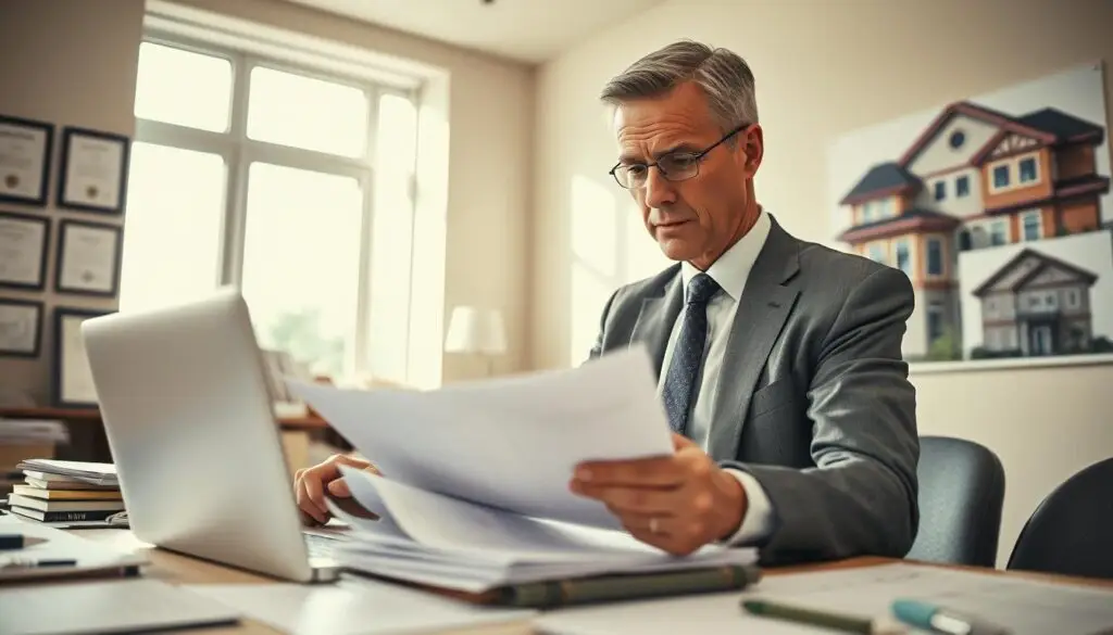 A professional and focused scene illustrating a financial assessment of property damage, featuring a well-dressed expert appraiser examining documents on a cluttered desk, with a laptop and notes scattered around. In the foreground, the appraiser, a middle-aged Caucasian man in a tailored suit, looks intently at an inspection report. In the middle background, a large window allows natural light to pour in, casting soft shadows across the room, which is filled with neutral-colored walls and framed certificates. To the right, a visual representation of a damaged property appears on a nearby wall, providing context. The mood is serious and professional, emphasizing the importance of accurate evaluations in cost assessments. The perspective is slightly angled, capturing both the appraiser's concentration and the chaotic environment of the workspace. A professional and focused scene illustrating a financial assessment of property damage, featuring a well-dressed expert appraiser examining documents on a cluttered desk, with a laptop and notes scattered around. In the foreground, the appraiser, a middle-aged Caucasian man in a tailored suit, looks intently at an inspection report. In the middle background, a large window allows natural light to pour in, casting soft shadows across the room, which is filled with neutral-colored walls and framed certificates. To the right, a visual representation of a damaged property appears on a nearby wall, providing context. The mood is serious and professional, emphasizing the importance of accurate evaluations in cost assessments. The perspective is slightly angled, capturing both the appraiser's concentration and the chaotic environment of the workspace.